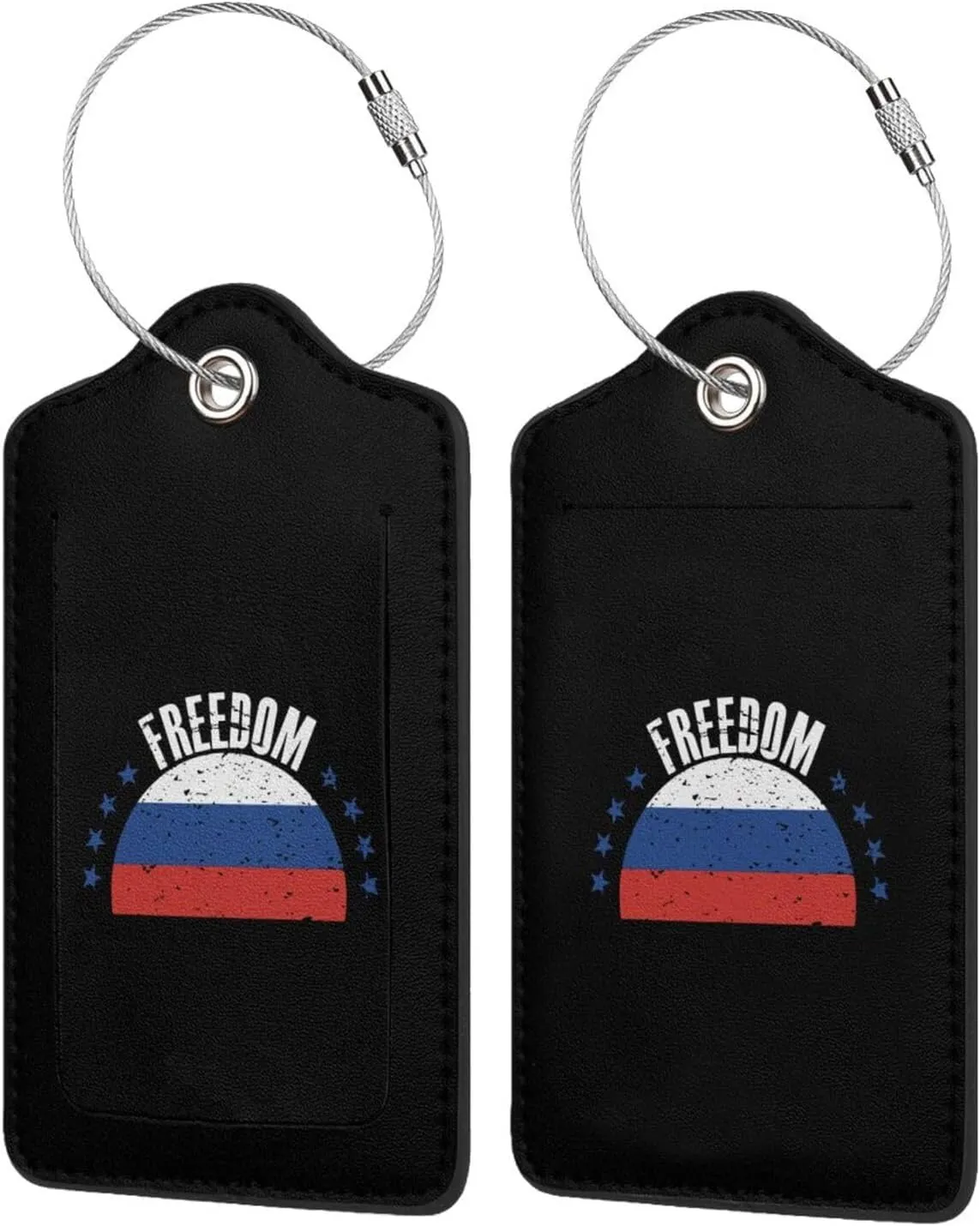 The Russia Flag and Freedom Leather Baggage Bag Luggage Tags with Stainless Steel Loop and Privacy Cover, 1 PCS, Black