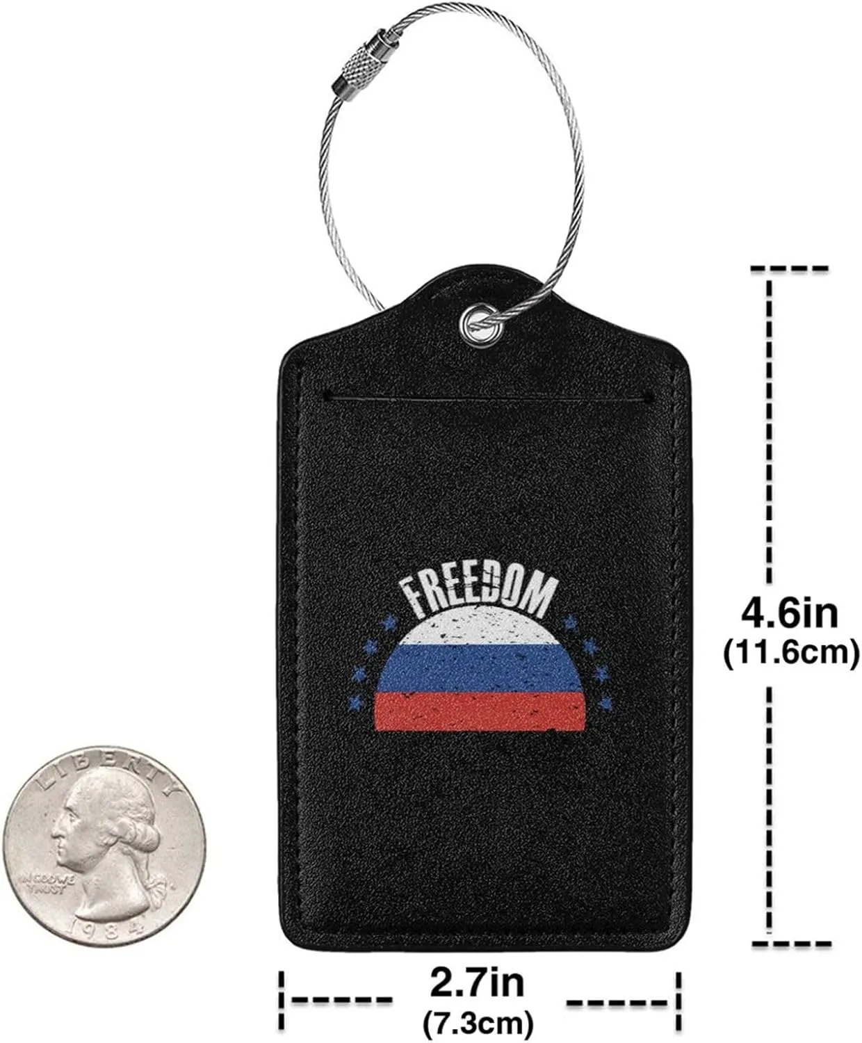 The Russia Flag and Freedom Leather Baggage Bag Luggage Tags with Stainless Steel Loop and Privacy Cover, 1 PCS, Black