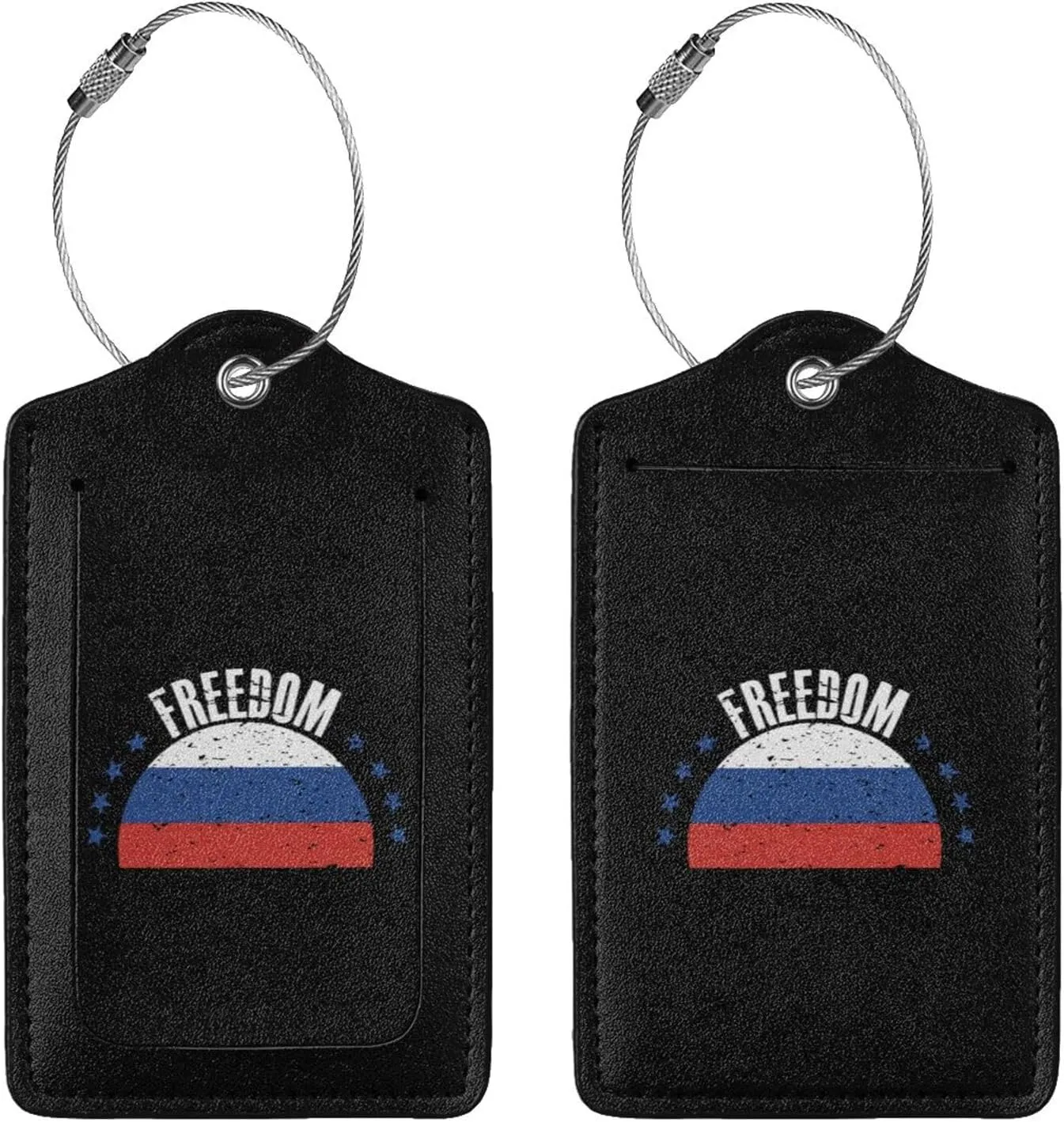 The Russia Flag and Freedom Leather Baggage Bag Luggage Tags with Stainless Steel Loop and Privacy Cover, 1 PCS, Black