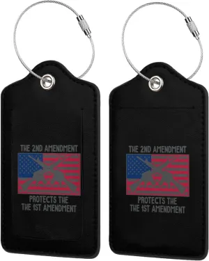 The Second Amendment Protects The First Amendment Leather Baggage Bag Luggage Tags with Stainless Steel Loop and Privacy Cover