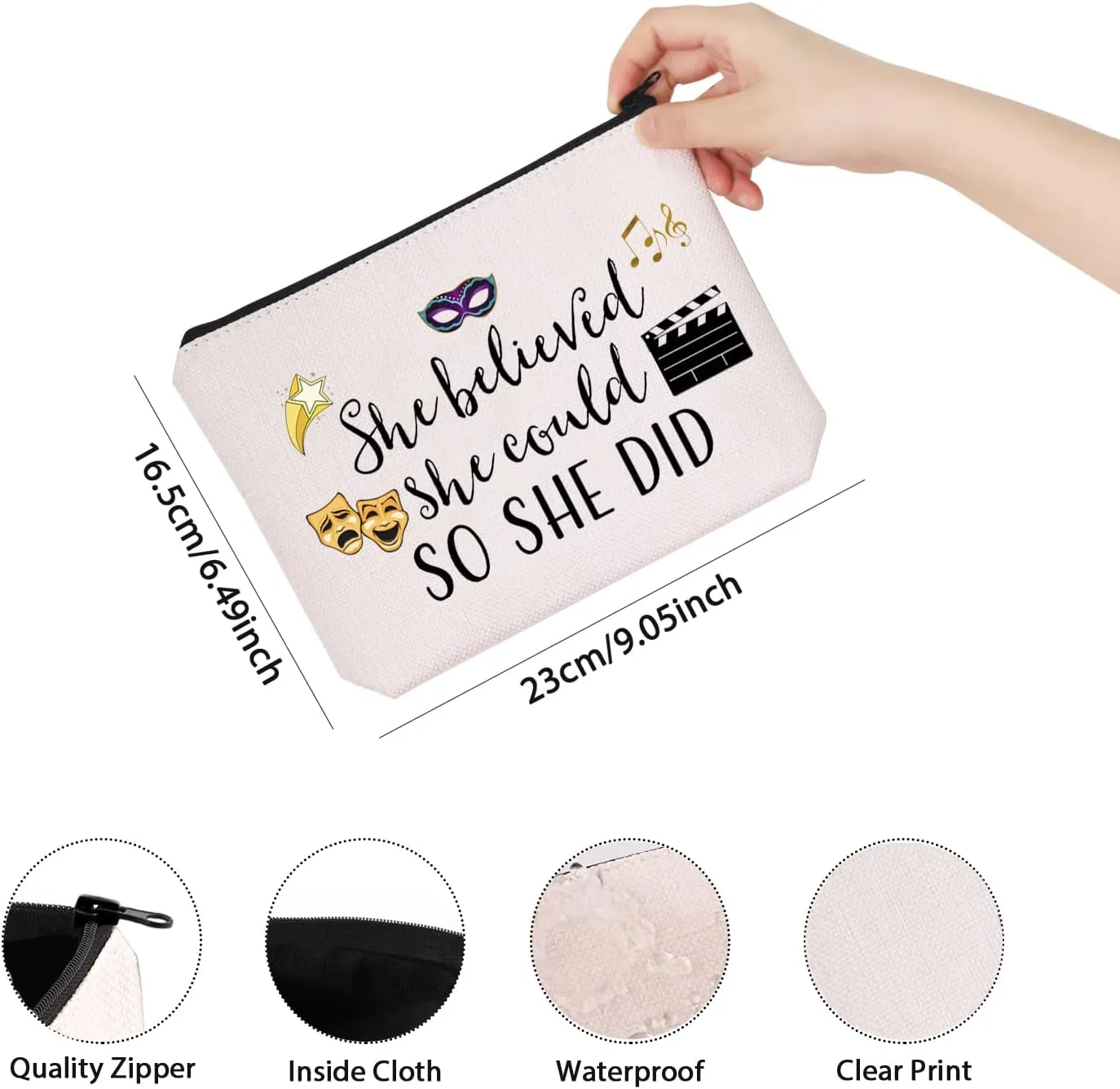 Theatre Themed Inspirational Gift She Believed She Could So She Did Actress Zipper Pouch Makeup Bag (She believed theatre)
