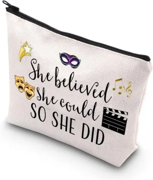 Theatre Themed Inspirational Gift She Believed She Could So She Did Actress Zipper Pouch Makeup Bag (She believed theatre)