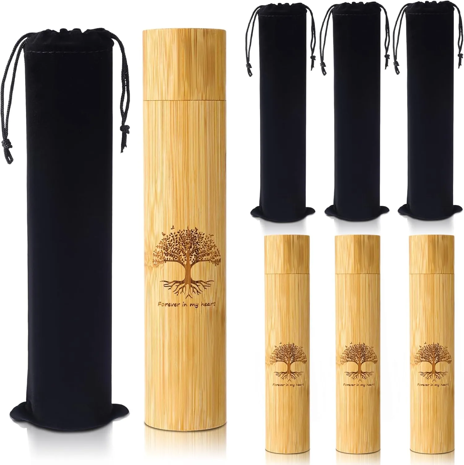 Thyle 4 Set Bamboo Scattering Urns for Ashes Biodegradable Scattering Cremation for Human Adult Tree Small Tube Keepsake Urn and Black Velvet Bag for Male Women Pet Dog Cat Ashes