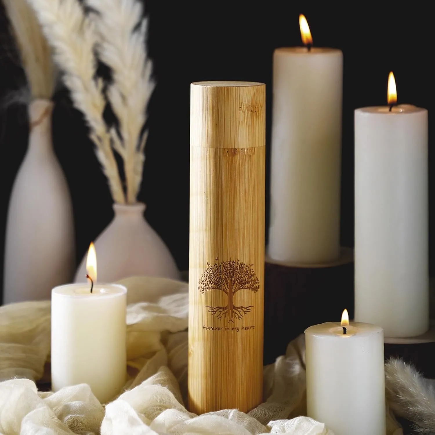 Thyle 4 Set Bamboo Scattering Urns for Ashes Biodegradable Scattering Cremation for Human Adult Tree Small Tube Keepsake Urn and Black Velvet Bag for Male Women Pet Dog Cat Ashes