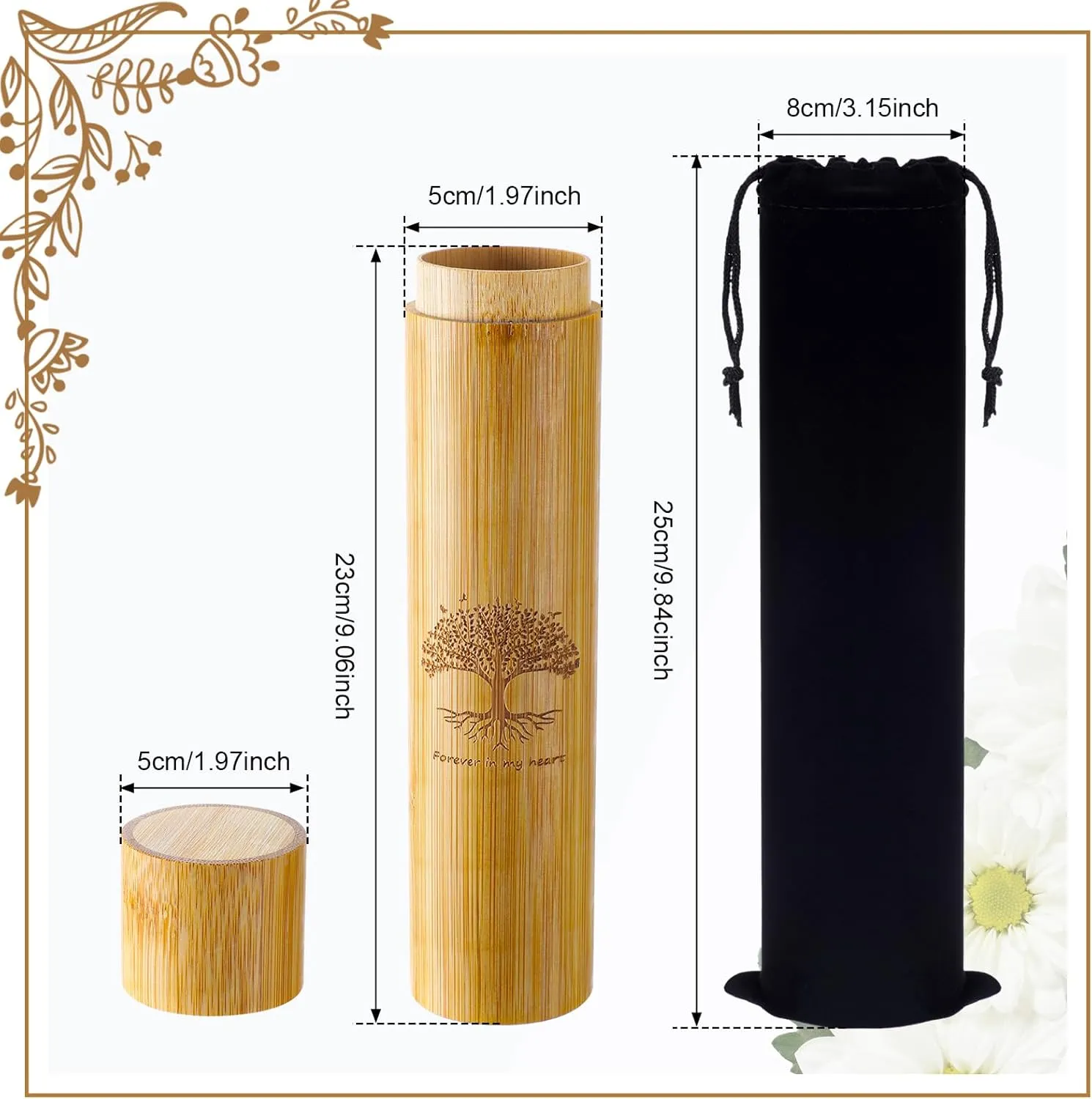 Thyle 4 Set Bamboo Scattering Urns for Ashes Biodegradable Scattering Cremation for Human Adult Tree Small Tube Keepsake Urn and Black Velvet Bag for Male Women Pet Dog Cat Ashes