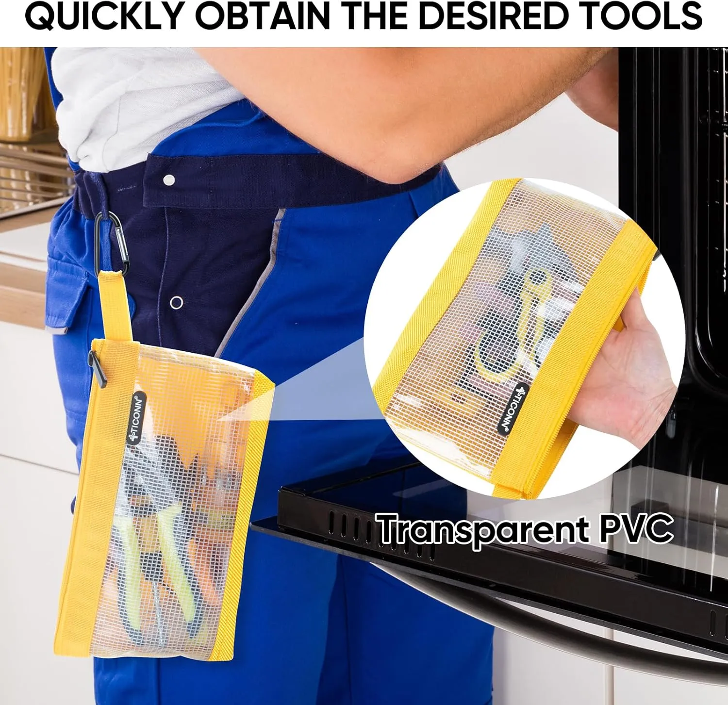 TICONN Tool Pouch, 1680D Oxford Small Tool Bag, Tool Pouches with Zipper, Clear Utility Bag Zipper Pouch for Tool Organizers and Storage (9PK Combo)