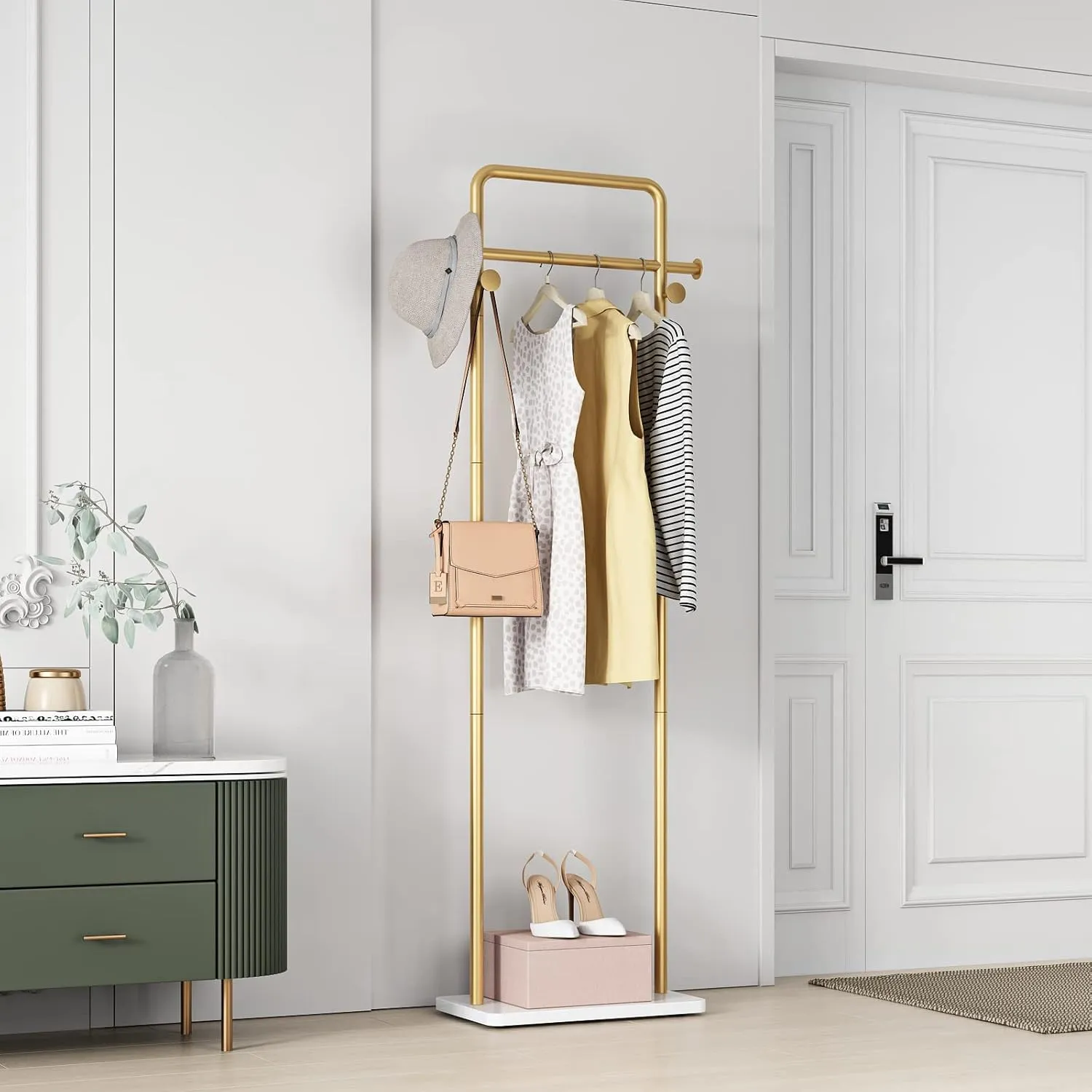 TIEOU Gold Clothing Racks with Shelf, Heavy Duty Gold Clothes Racks for Boutiques, Free-Standing Metal Garment Rack for Hanging Clothes, Modern Coat Rack Entryway