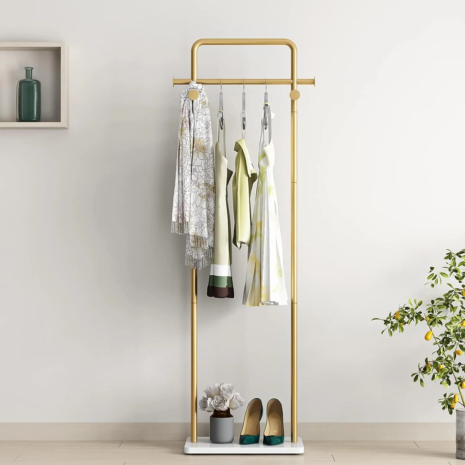 TIEOU Gold Clothing Racks with Shelf, Heavy Duty Gold Clothes Racks for Boutiques, Free-Standing Metal Garment Rack for Hanging Clothes, Modern Coat Rack Entryway