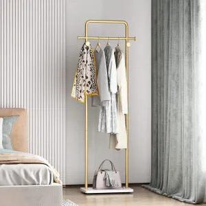 TIEOU Gold Clothing Racks with Shelf, Heavy Duty Gold Clothes Racks for Boutiques, Free-Standing Metal Garment Rack for Hanging Clothes, Modern Coat Rack Entryway