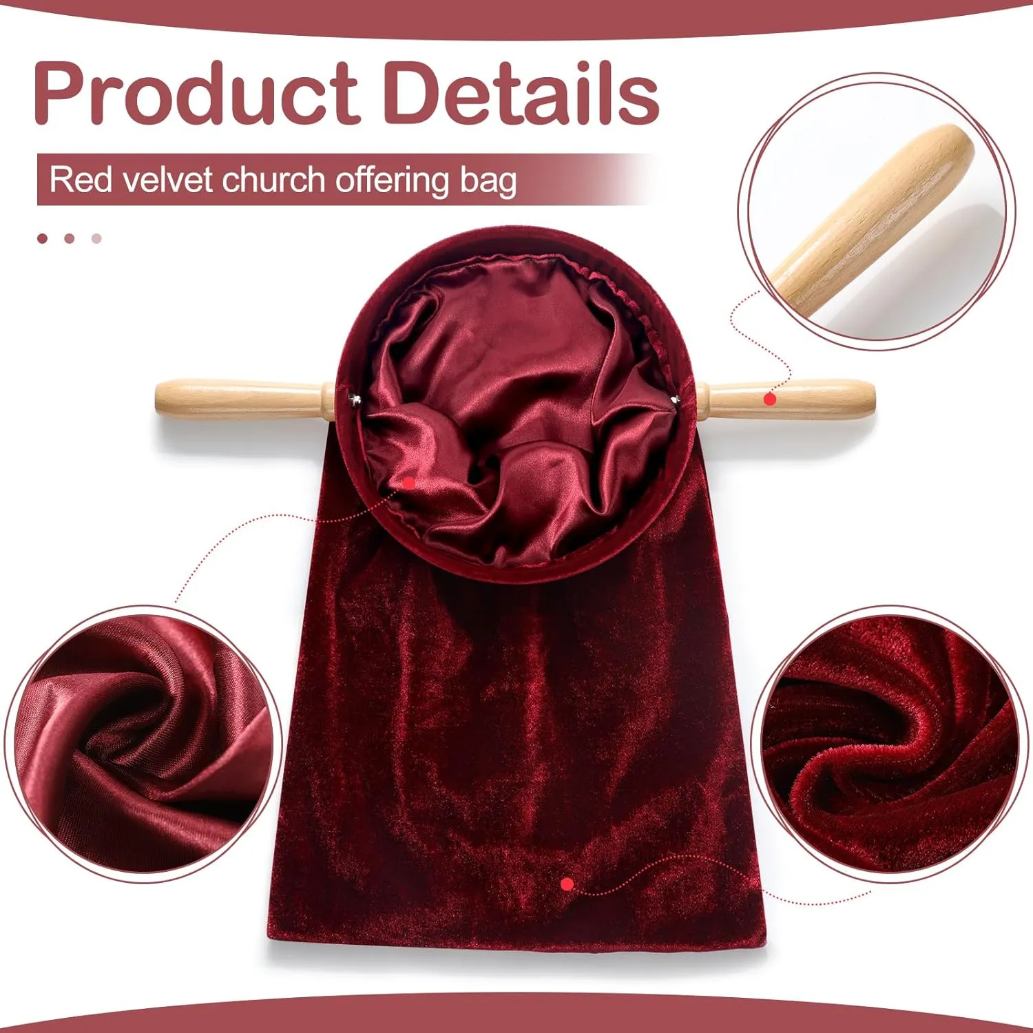 Tioncy Set of 2 Church Tithe Offering Bags with Wooden Handles Church Collection Bag with Handles for Churches Communion Supplies (Red,15.75 x 7.87 Inch)