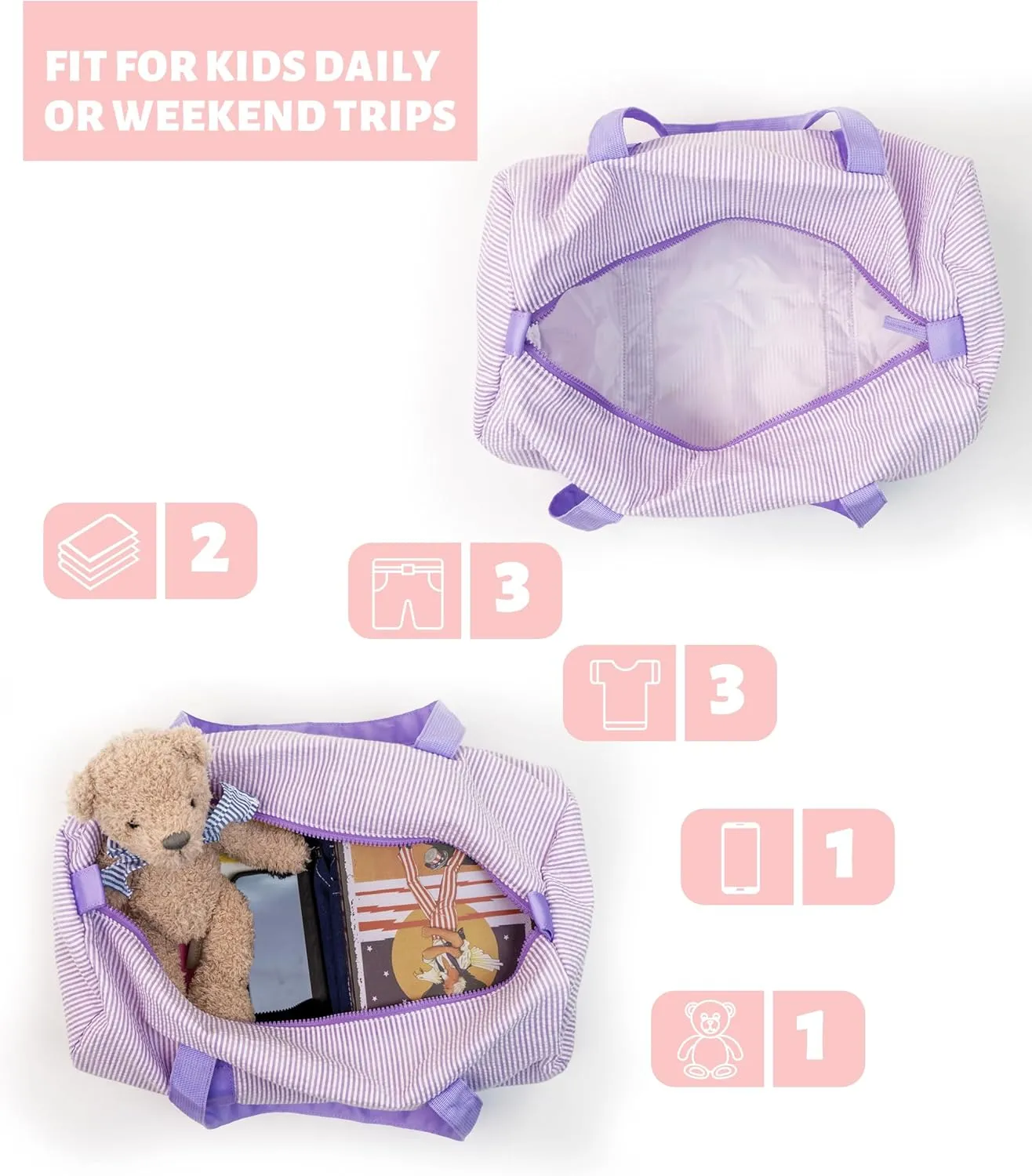 Toddler Girls Duffle Bag Personalized Girls Ballet Dance Bags Seersucker Overnight Weekender Tote Carry on Bag for Little Girls Custom Gifts (Purple)