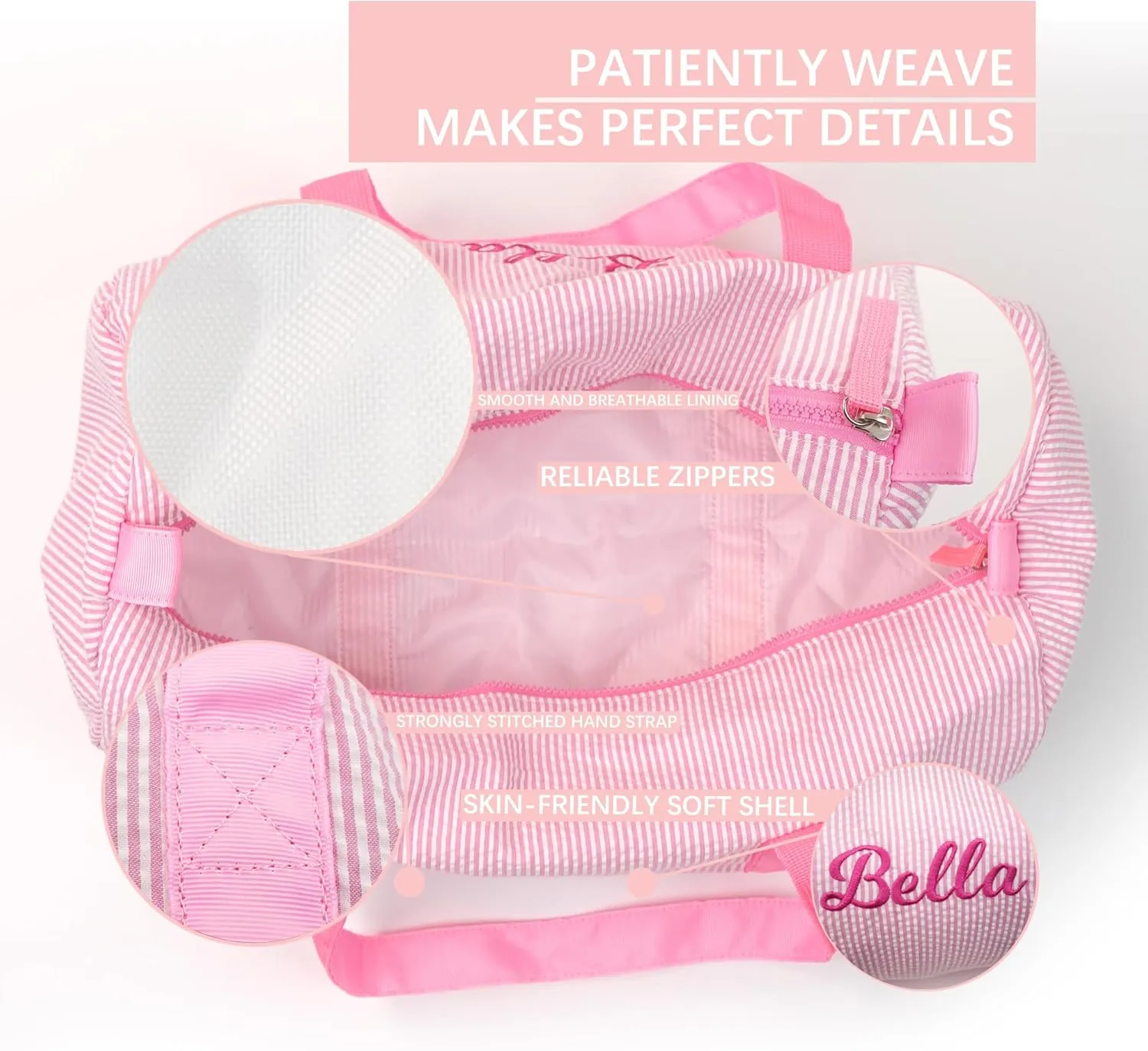 Toddler Girls Duffle Bag Personalized Overnight Duffle Bag Seersucker Ballet Dance Bag Weekender Tote Carry on Bag for Little Girls (Pink)