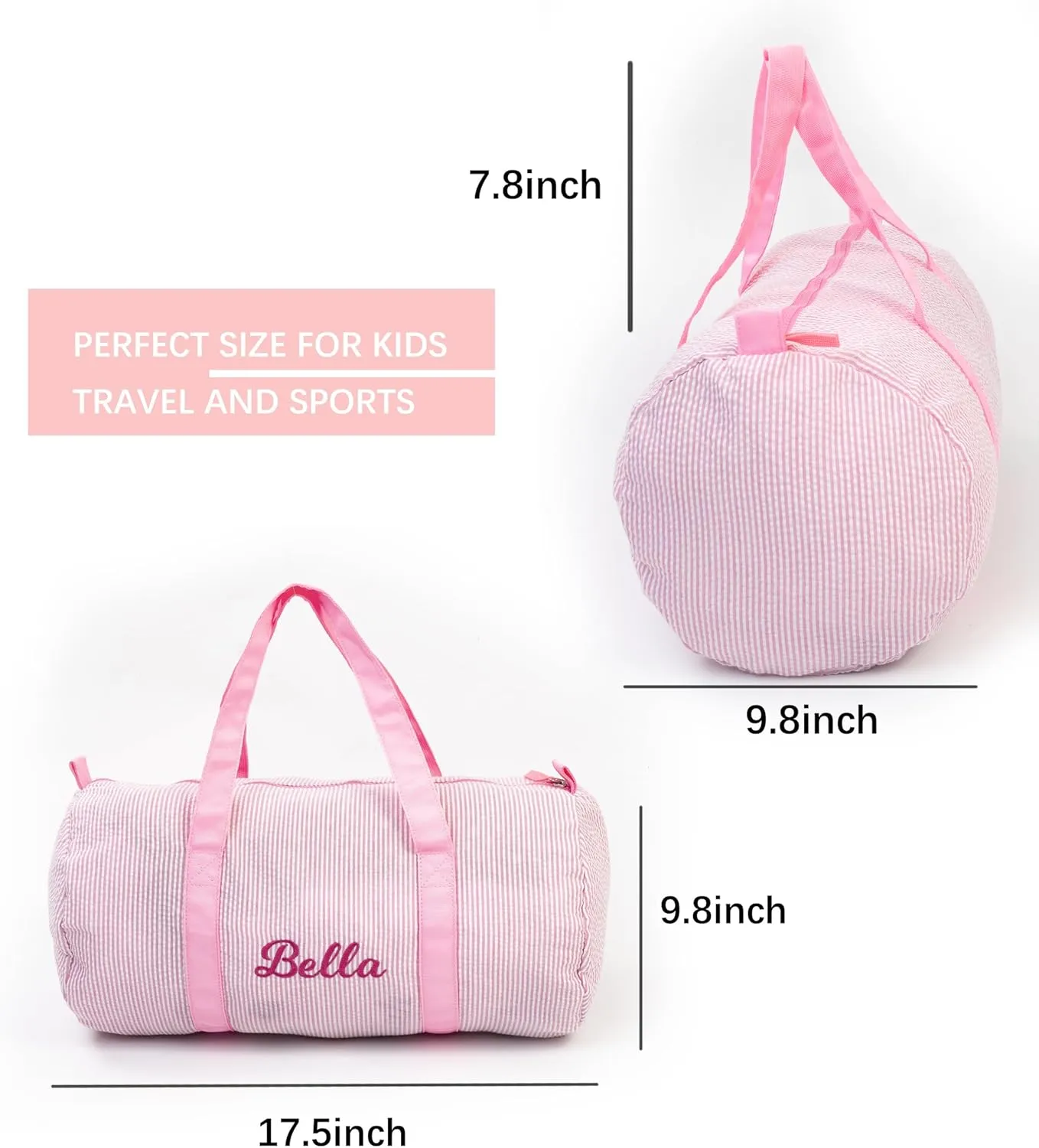 Toddler Girls Duffle Bag Personalized Overnight Duffle Bag Seersucker Ballet Dance Bag Weekender Tote Carry on Bag for Little Girls (Pink)