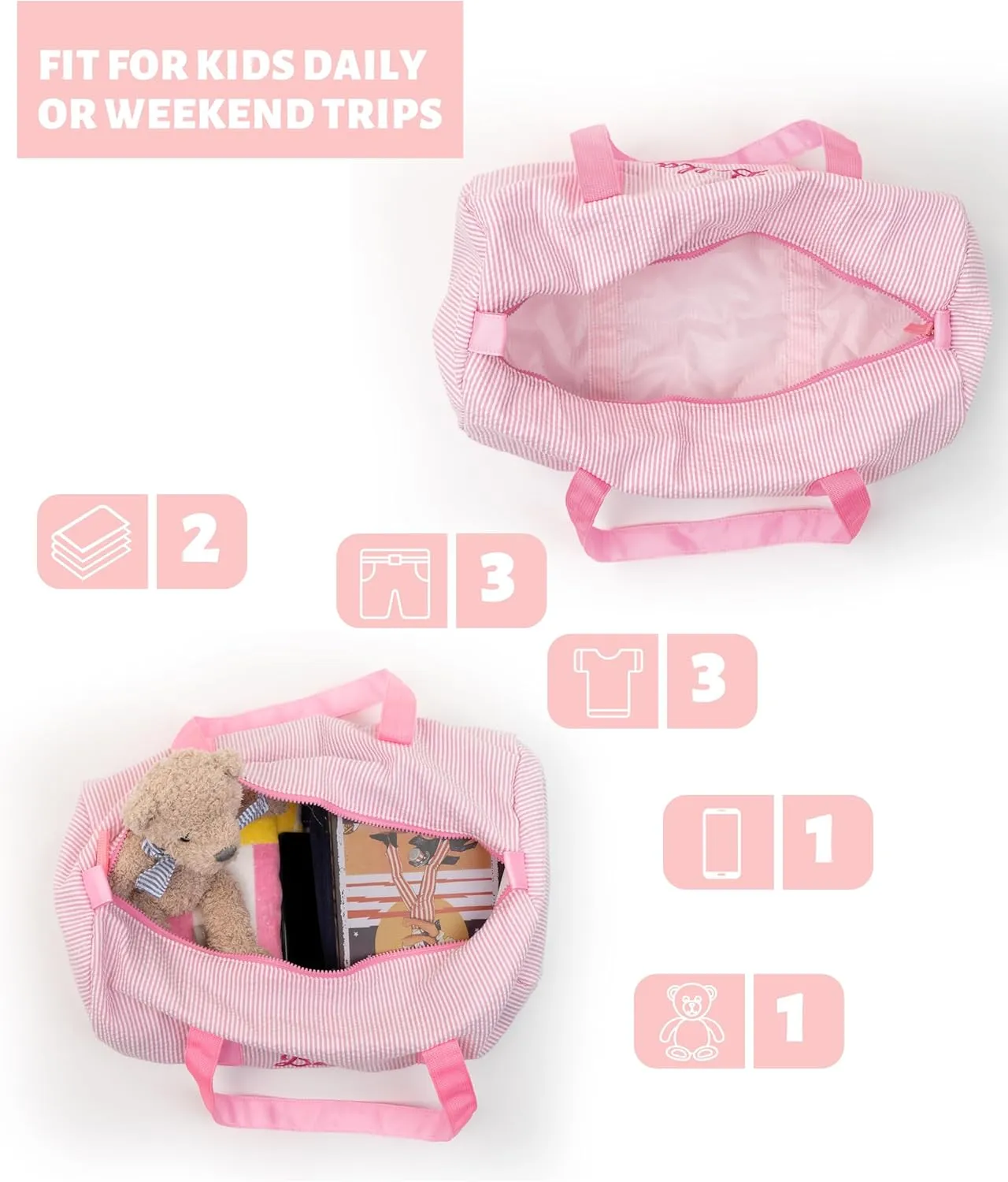 Toddler Girls Duffle Bag Personalized Overnight Duffle Bag Seersucker Ballet Dance Bag Weekender Tote Carry on Bag for Little Girls (Pink)