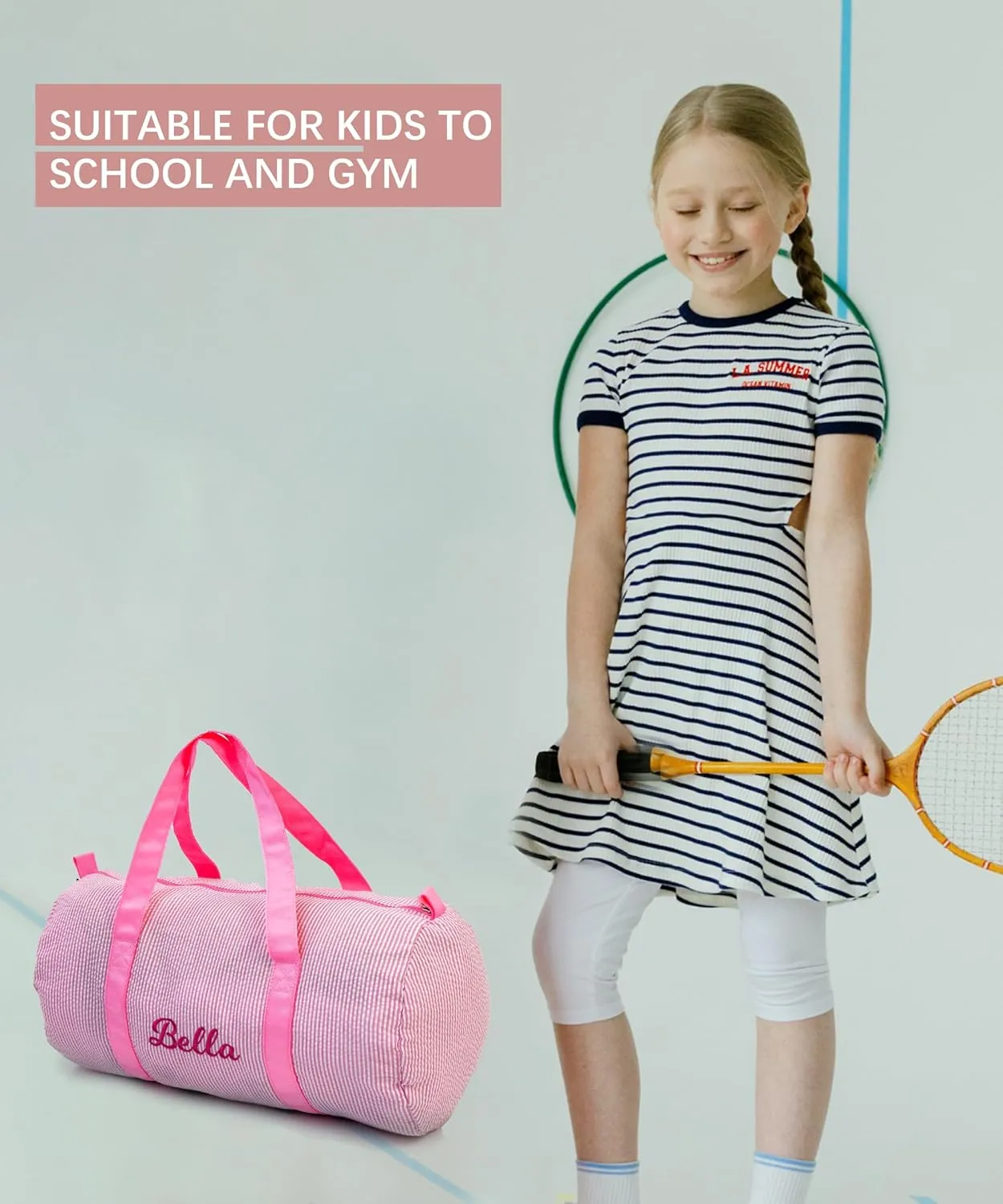 Toddler Girls Duffle Bag Personalized Overnight Duffle Bag Seersucker Ballet Dance Bag Weekender Tote Carry on Bag for Little Girls (Pink)