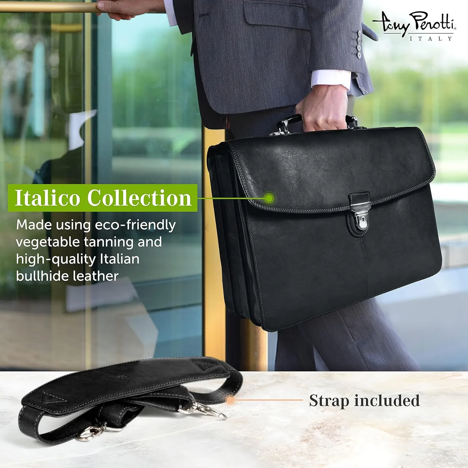 Tony Perotti Bella Russo Men's Italian Leather Messenger Bags - Triple Compartment Briefcases for Men - Tanned Leather