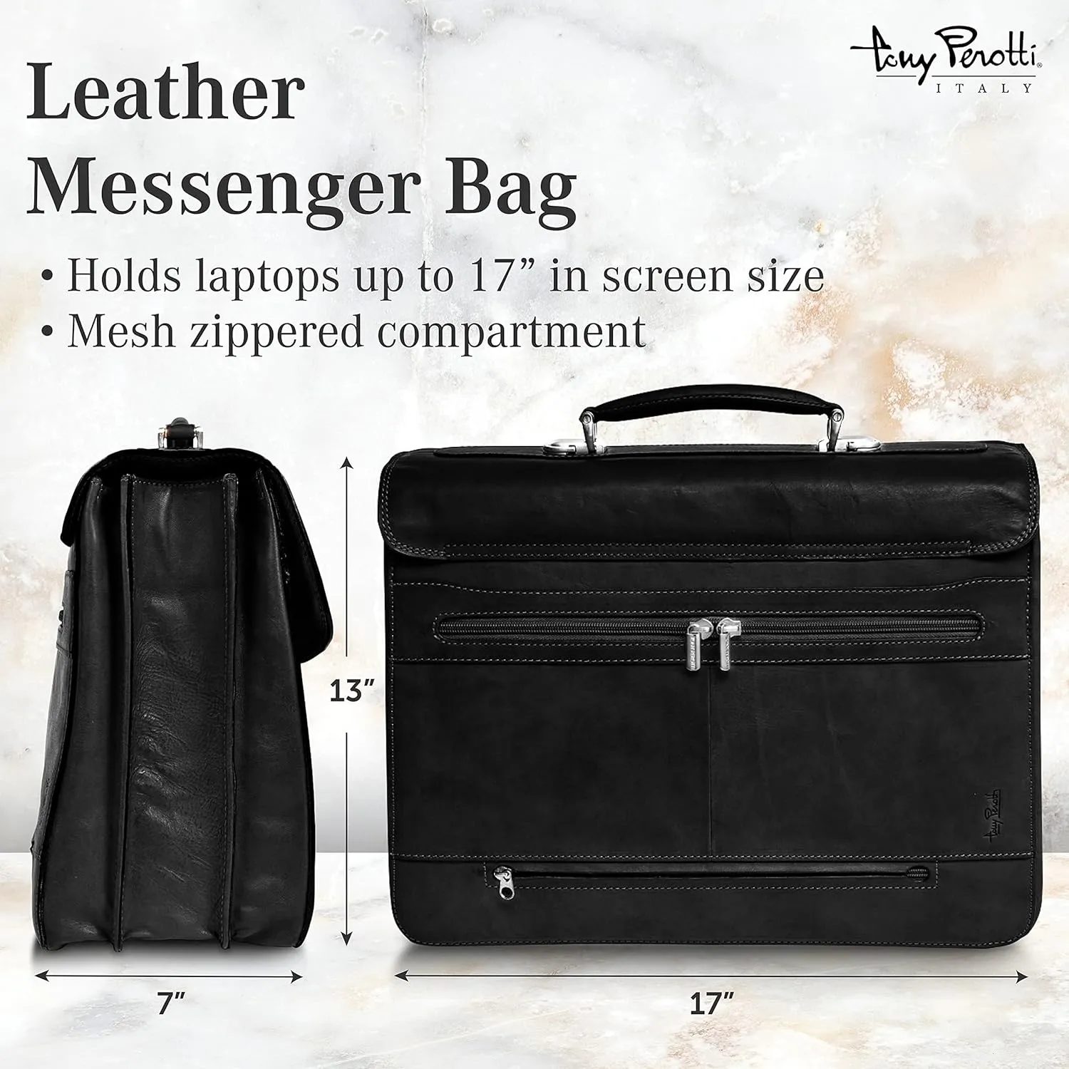 Tony Perotti Bella Russo Men's Italian Leather Messenger Bags - Triple Compartment Briefcases for Men - Tanned Leather