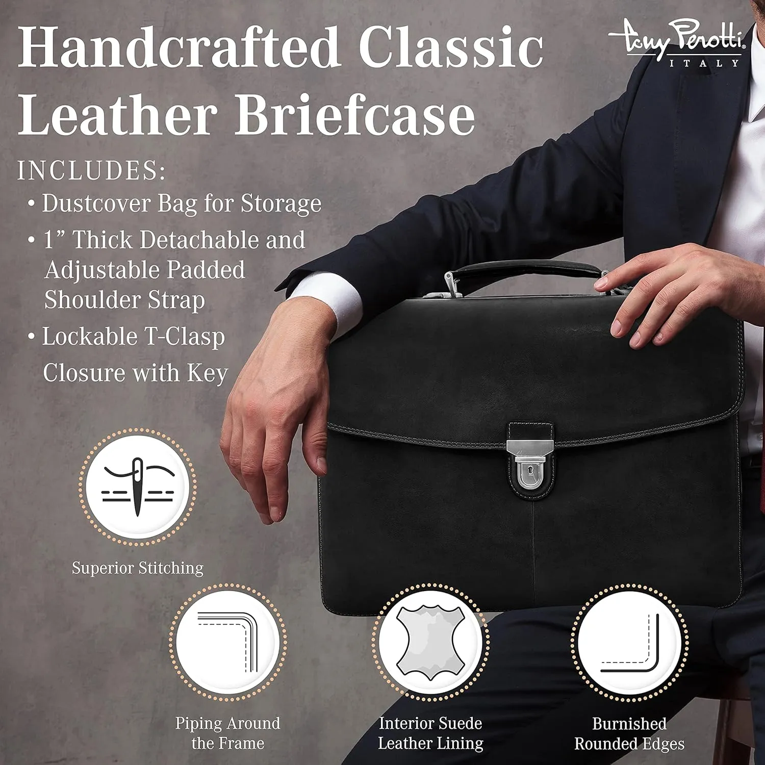 Tony Perotti Bella Russo Men's Italian Leather Messenger Bags - Triple Compartment Briefcases for Men - Tanned Leather