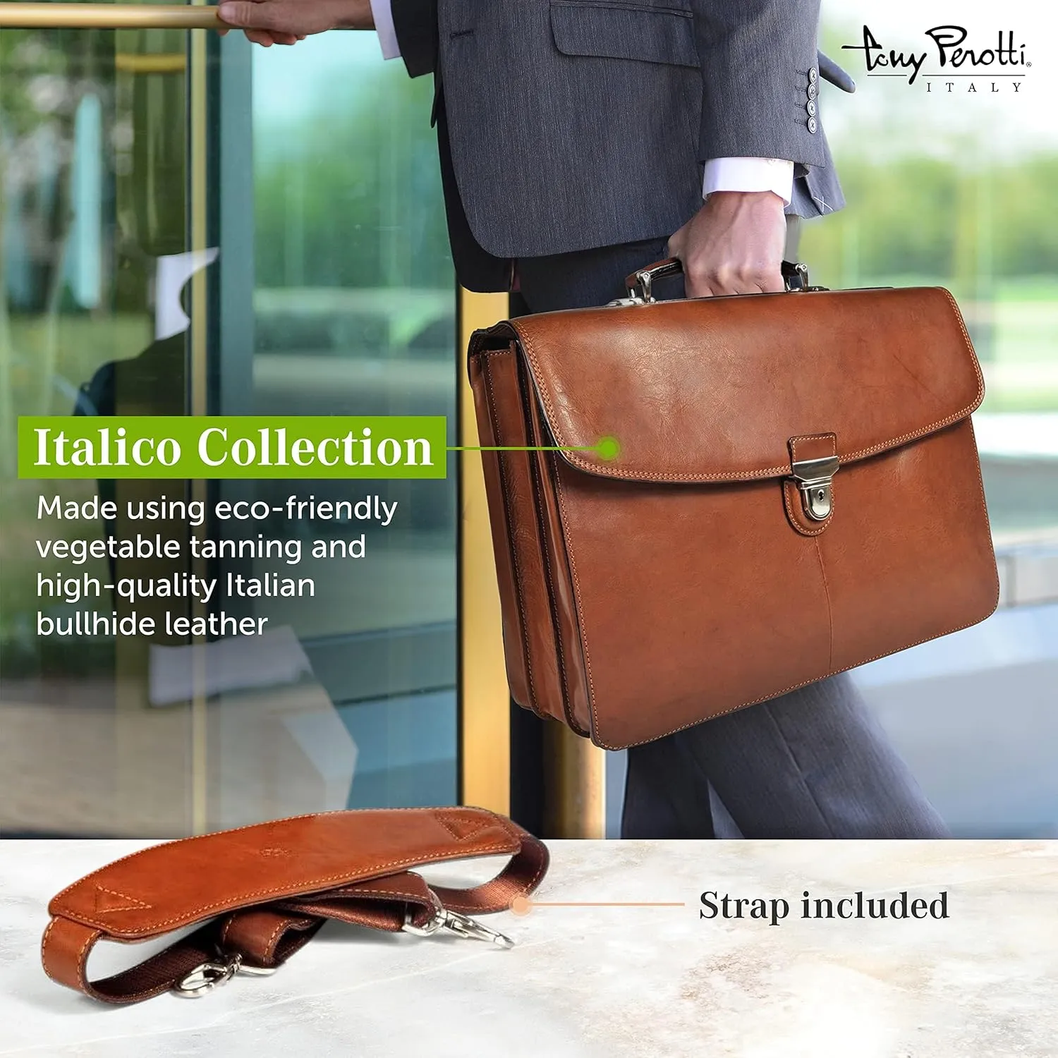 Tony Perotti Bella Russo Men's Italian Leather Messenger Bags - Triple Compartment Briefcases for Men - Tanned Leather