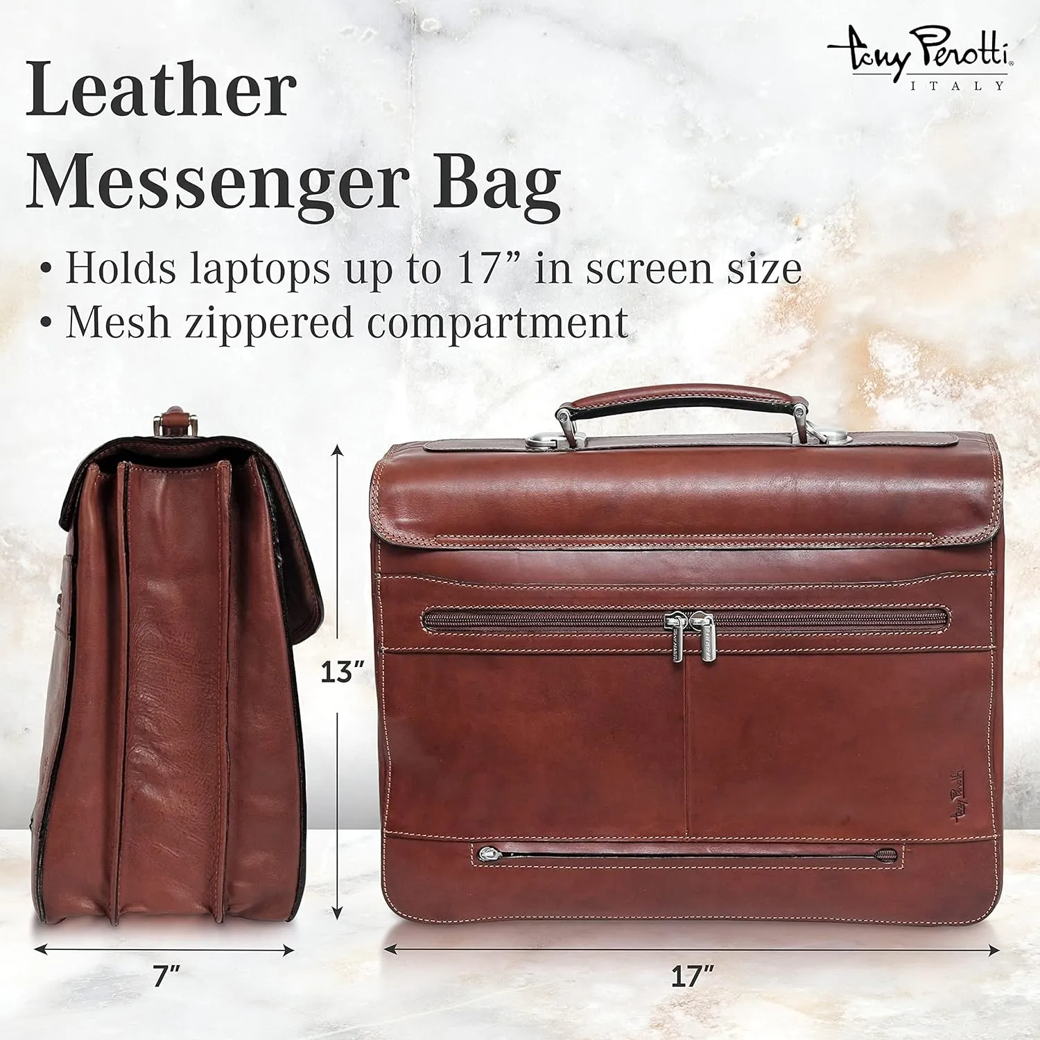 Tony Perotti Bella Russo Men's Italian Leather Messenger Bags - Triple Compartment Briefcases for Men - Tanned Leather