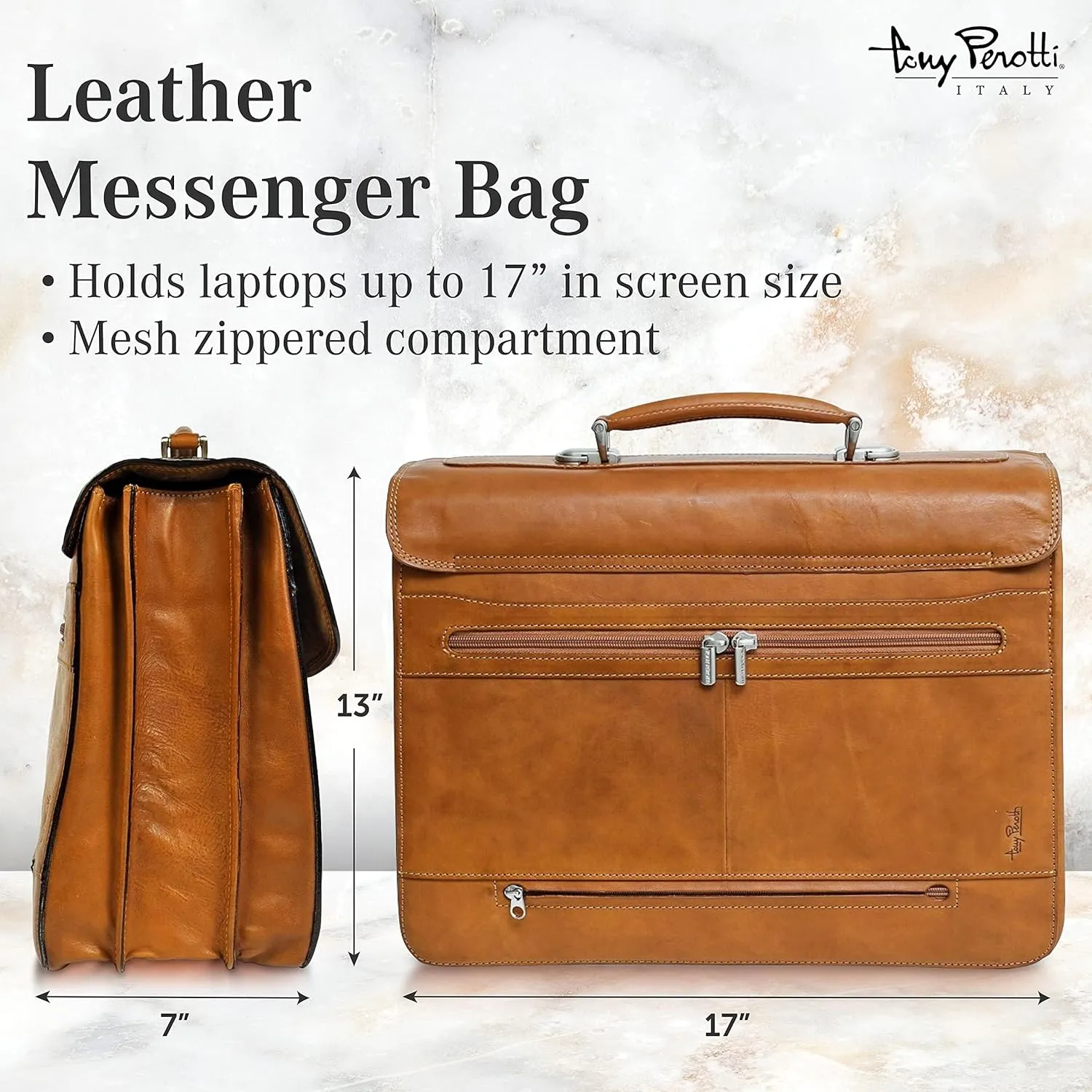 Tony Perotti Bella Russo Men's Italian Leather Messenger Bags - Triple Compartment Briefcases for Men - Tanned Leather