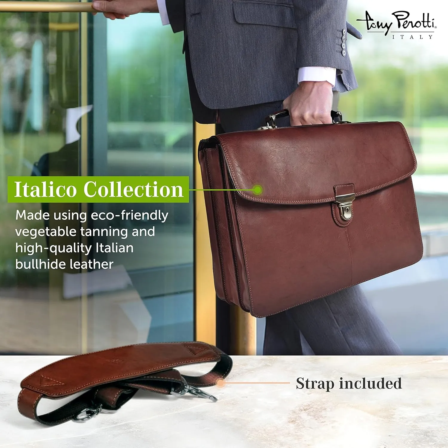 Tony Perotti Bella Russo Men's Italian Leather Messenger Bags - Triple Compartment Briefcases for Men - Tanned Leather