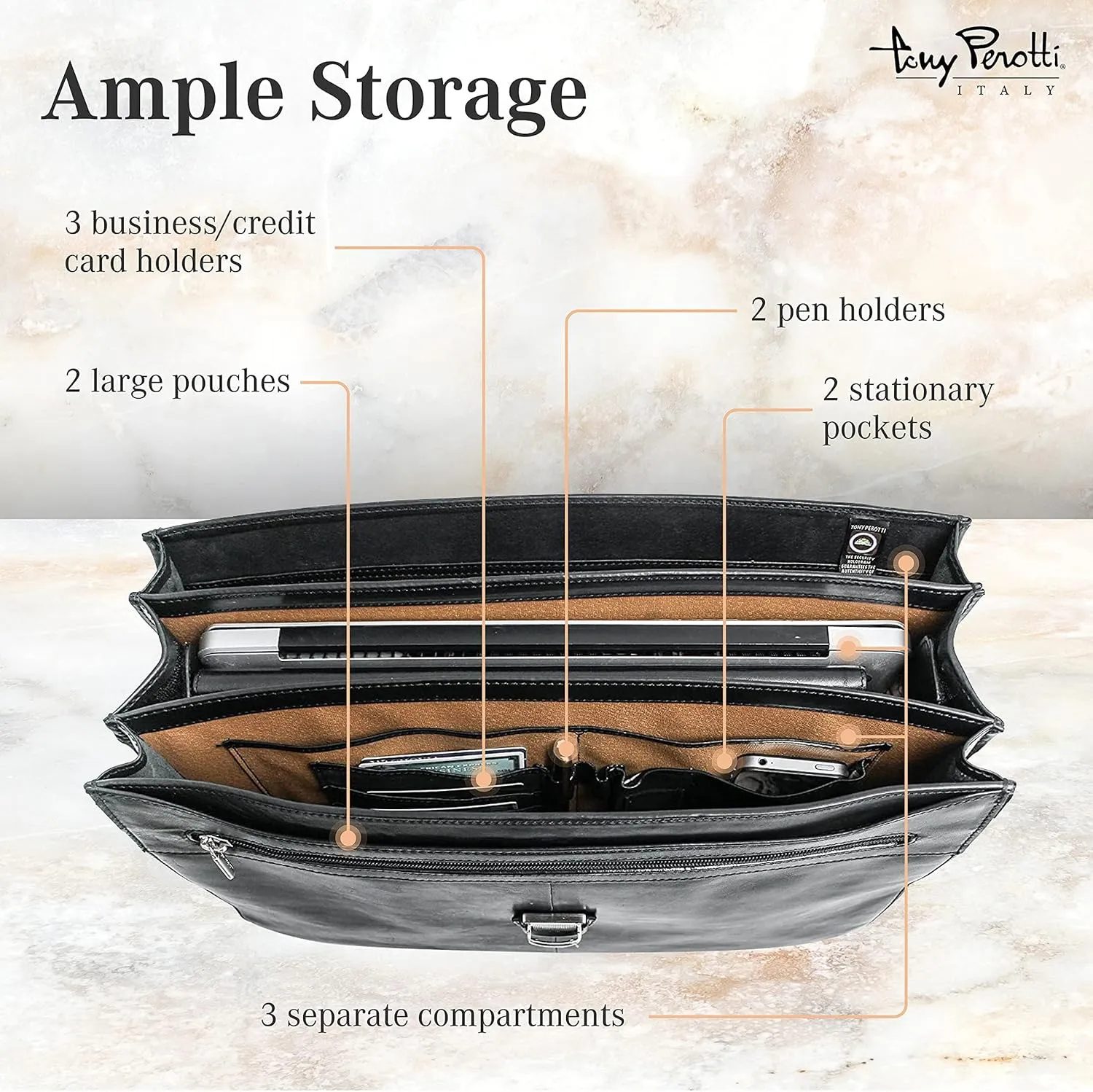 Tony Perotti Bella Russo Men's Italian Leather Messenger Bags - Triple Compartment Briefcases for Men - Tanned Leather