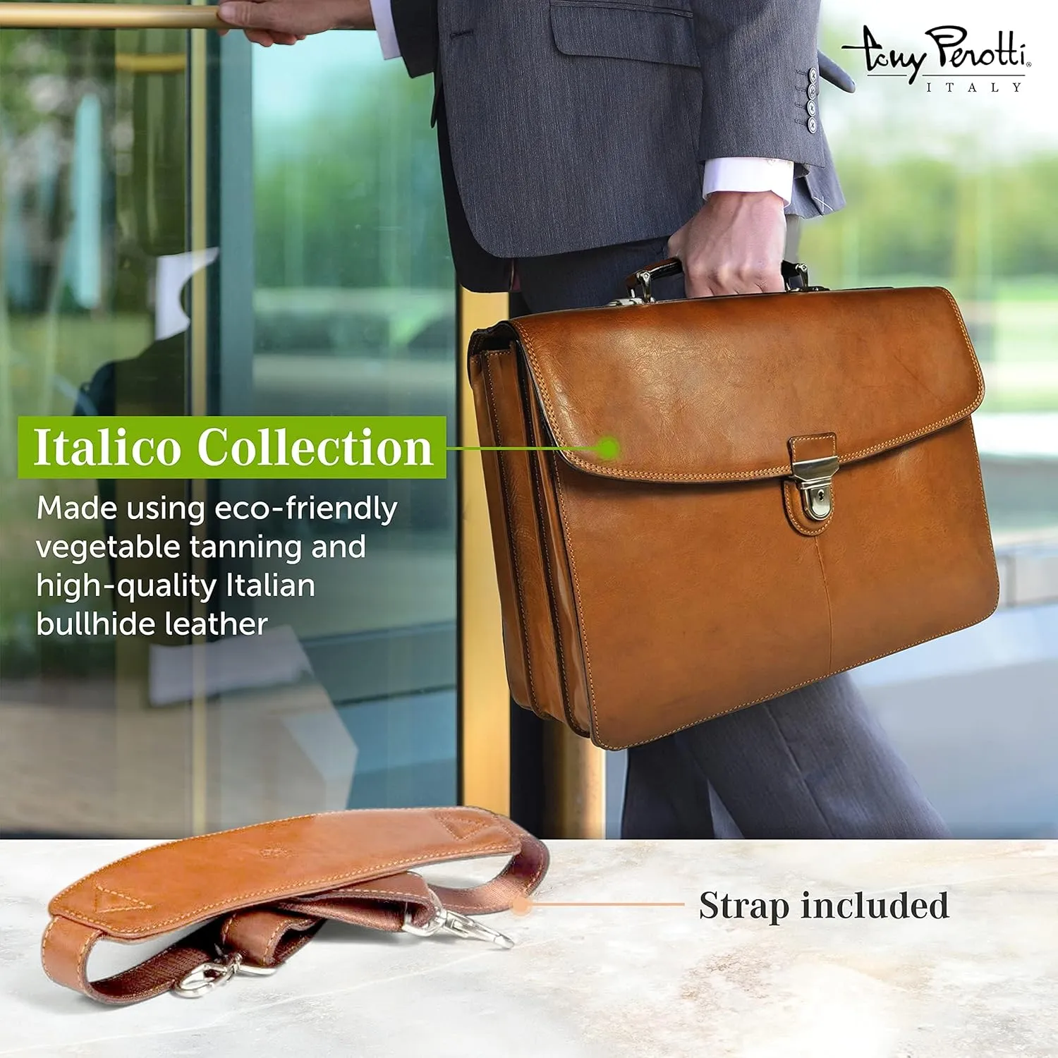 Tony Perotti Bella Russo Men's Italian Leather Messenger Bags - Triple Compartment Briefcases for Men - Tanned Leather