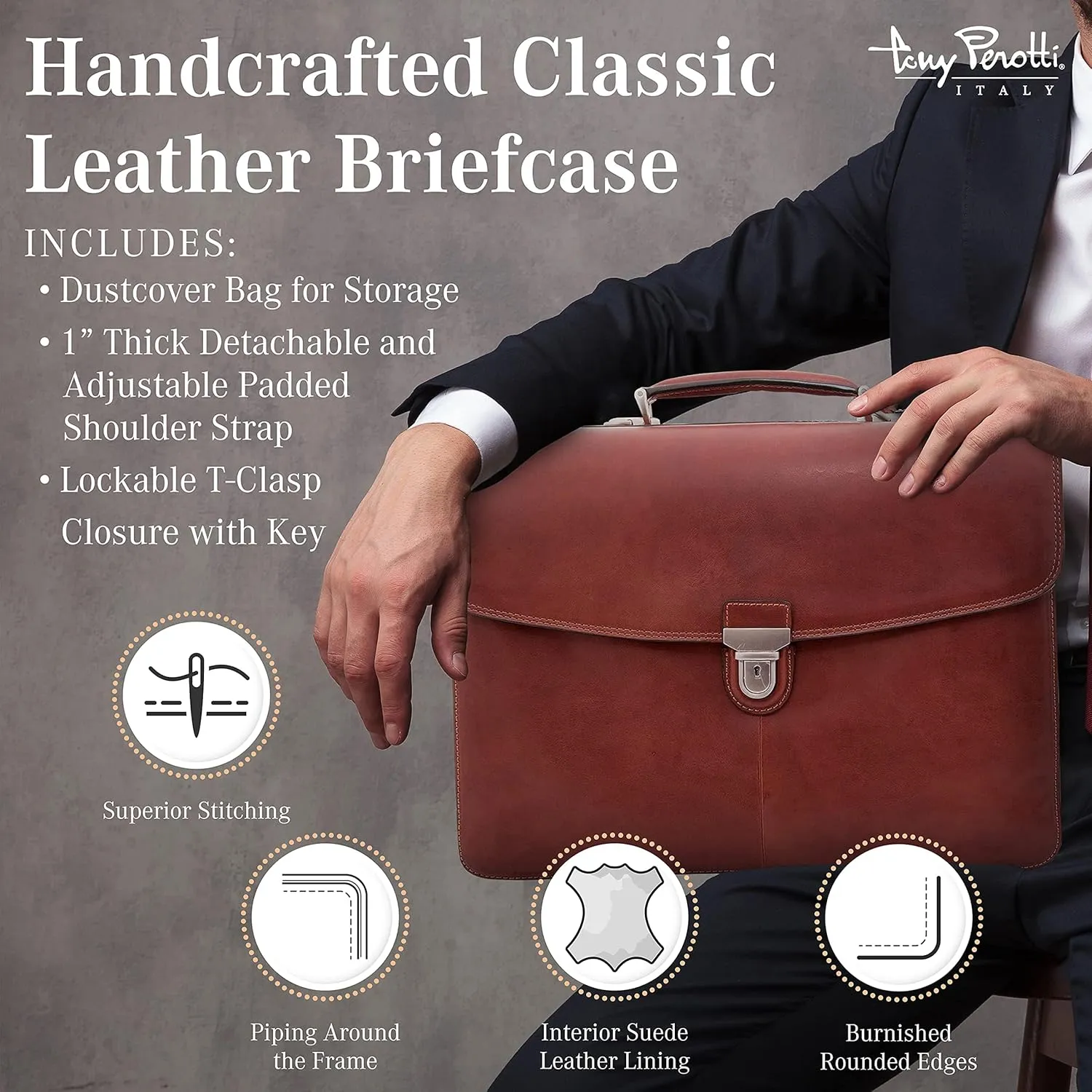 Tony Perotti Bella Russo Men's Italian Leather Messenger Bags - Triple Compartment Briefcases for Men - Tanned Leather