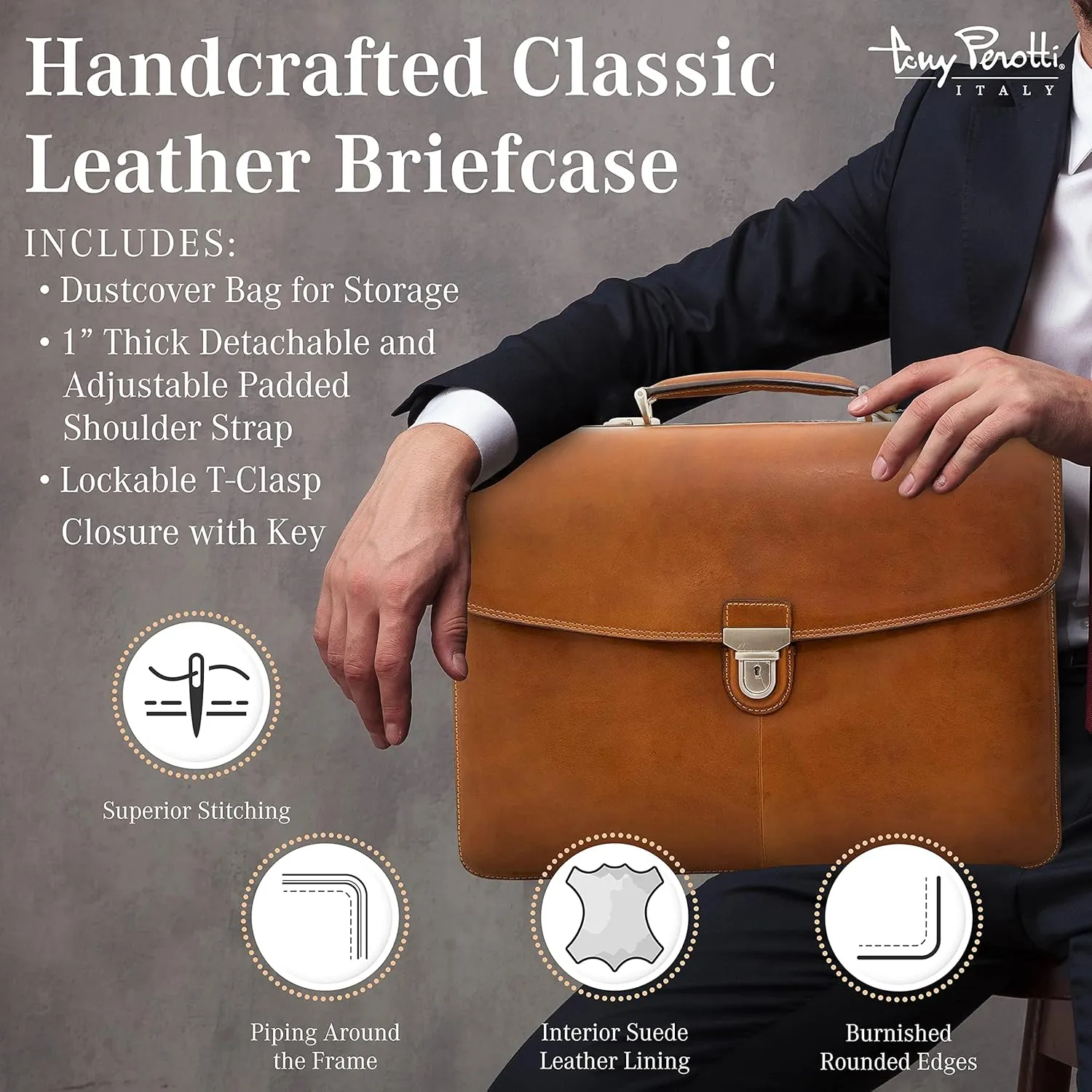 Tony Perotti Bella Russo Men's Italian Leather Messenger Bags - Triple Compartment Briefcases for Men - Tanned Leather