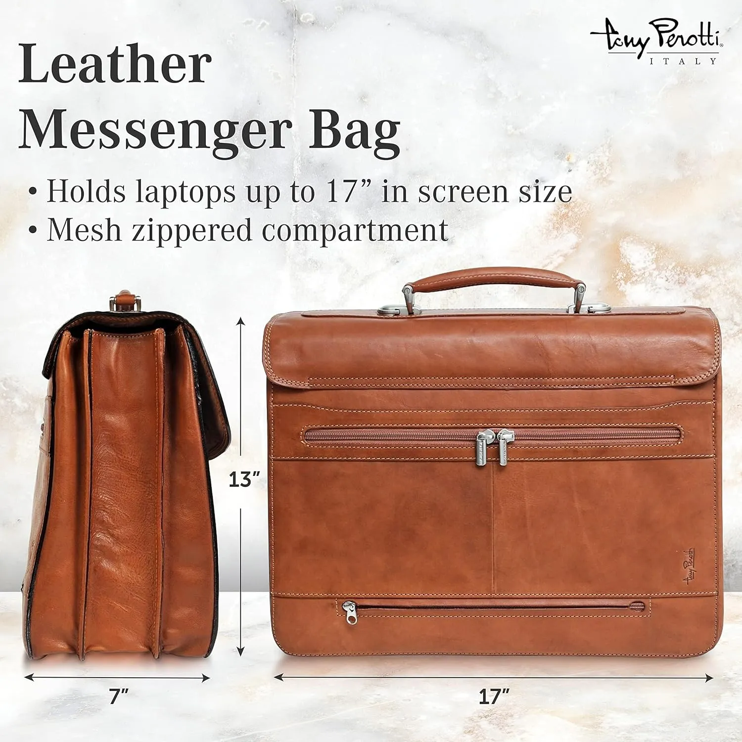 Tony Perotti Bella Russo Men's Italian Leather Messenger Bags - Triple Compartment Briefcases for Men - Tanned Leather