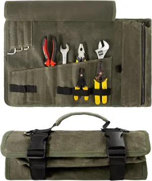 Tool roll up Bag, Waxed Canvas Roll Up Tool Bag, Heavt Duty Tool Organizer Portable Tool Storage Bags  1 Zipper Wrench Pouch - Tools Bags Mens Gifts for him/Mechanic (Army Green)