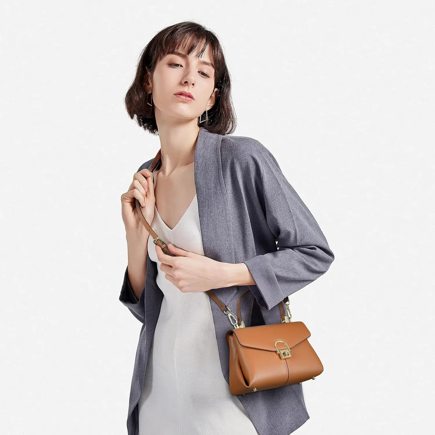 Top Handle Leather Tote Satchel Bag for Women, Ladies Shoulder Purses with Metal Button Lock