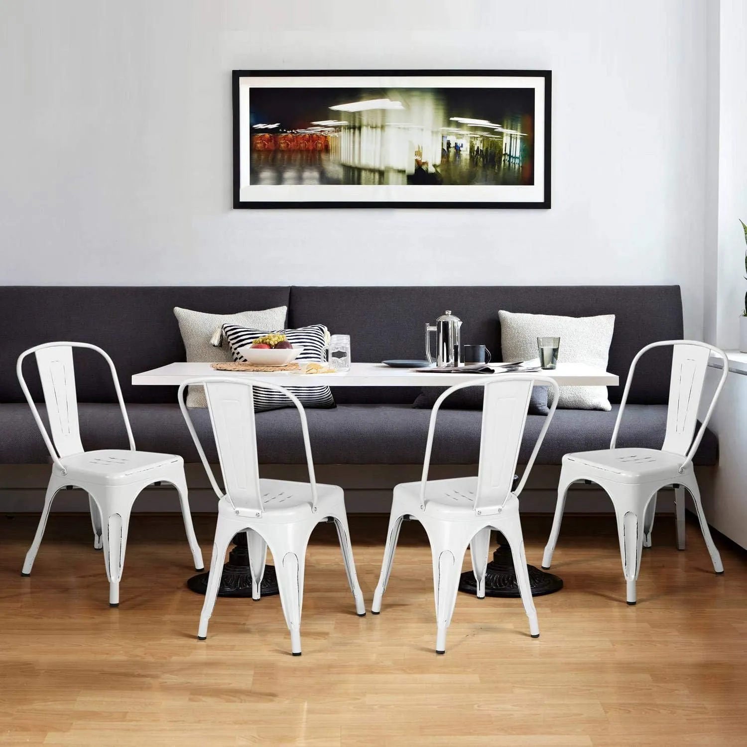 Topeakmart Metal Dinning Chairs Stackable Coffee Chair with Back, Distressed White, Set of 4