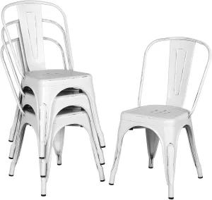 Topeakmart Metal Dinning Chairs Stackable Coffee Chair with Back, Distressed White, Set of 4