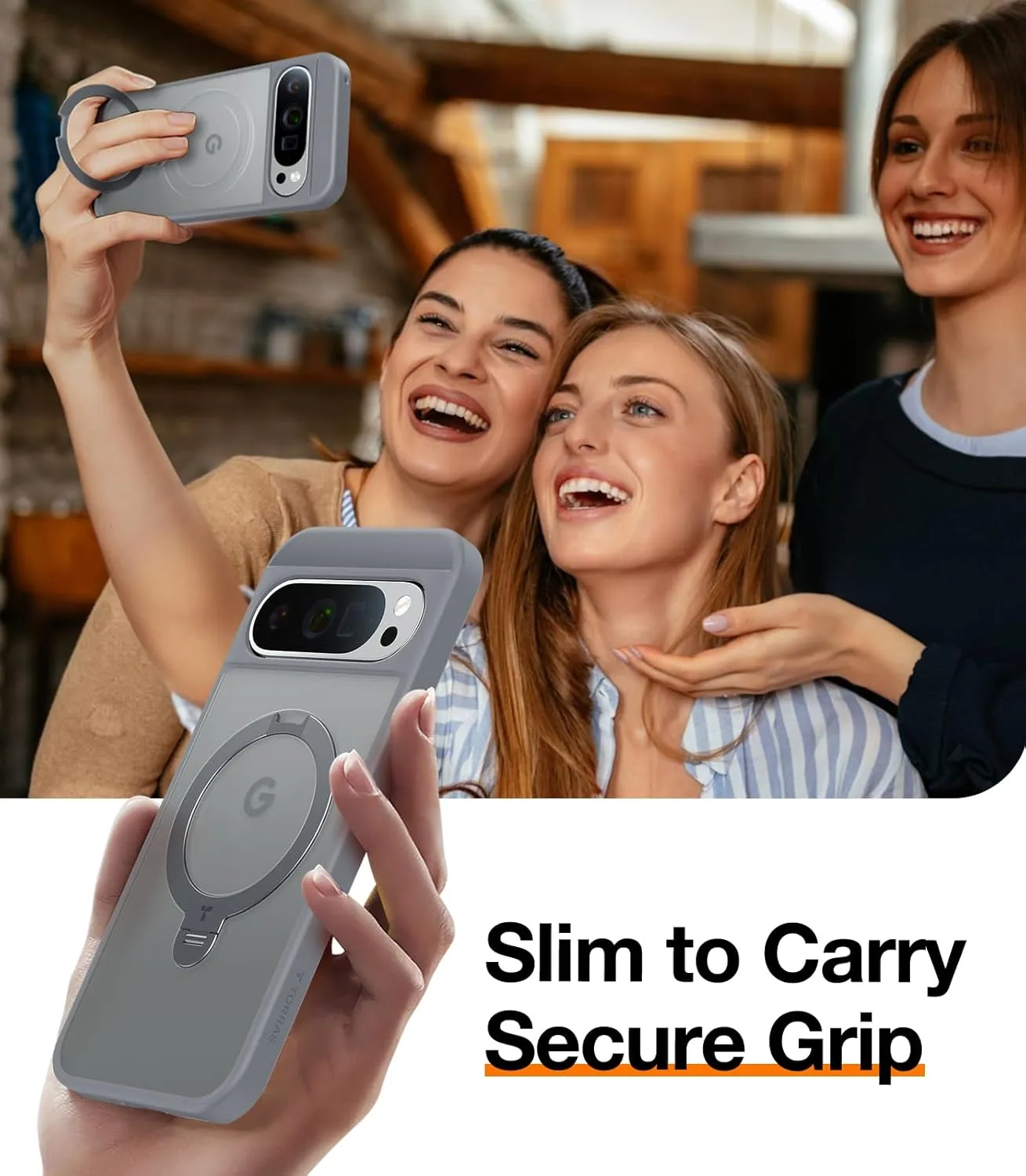 TORRAS 360° Spin Magnetic Stand for Google Pixel 9 Pro XL Case, 12FT Military Grade Protection, Compatible with Magsafe, Shockproof Slim Pixel 9 Pro XL Phone Case with Kickstand & Ring Holder, Gray