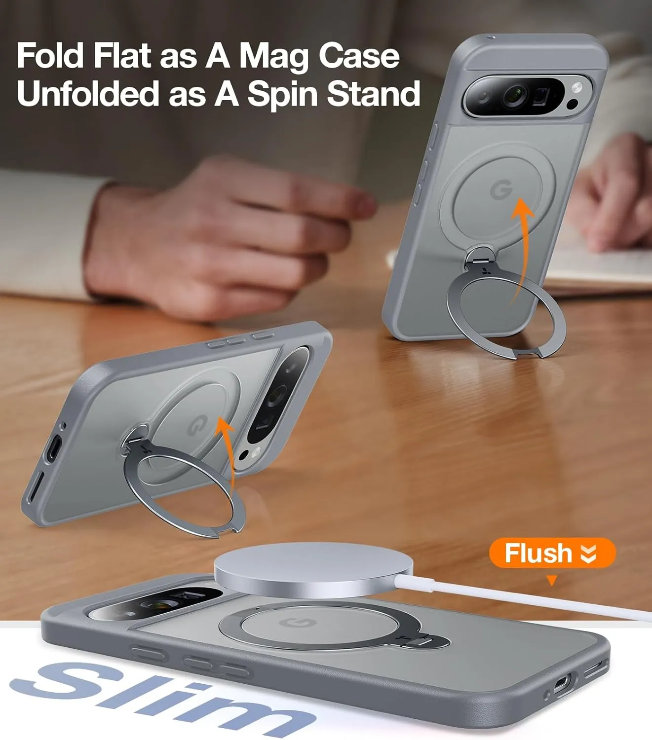 TORRAS 360° Spin Magnetic Stand for Google Pixel 9 Pro XL Case, 12FT Military Grade Protection, Compatible with Magsafe, Shockproof Slim Pixel 9 Pro XL Phone Case with Kickstand & Ring Holder, Gray