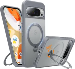 TORRAS 360° Spin Magnetic Stand for Google Pixel 9 Pro XL Case, 12FT Military Grade Protection, Compatible with Magsafe, Shockproof Slim Pixel 9 Pro XL Phone Case with Kickstand & Ring Holder, Gray