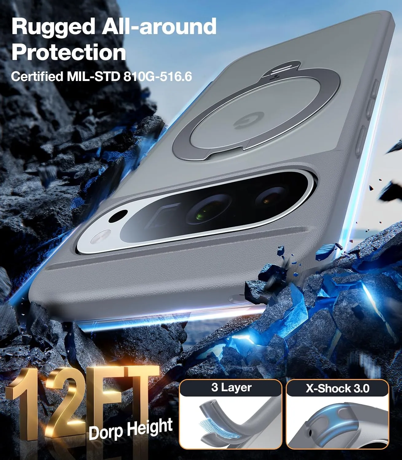 TORRAS 360° Spin Magnetic Stand for Google Pixel 9 Pro XL Case, 12FT Military Grade Protection, Compatible with Magsafe, Shockproof Slim Pixel 9 Pro XL Phone Case with Kickstand & Ring Holder, Gray