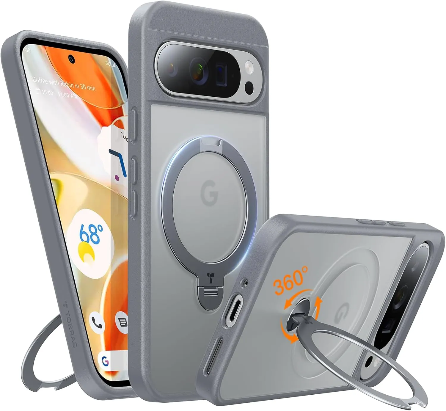 TORRAS 360° Spin Magnetic Stand for Google Pixel 9 Pro XL Case, 12FT Military Grade Protection, Compatible with Magsafe, Shockproof Slim Pixel 9 Pro XL Phone Case with Kickstand & Ring Holder, Gray