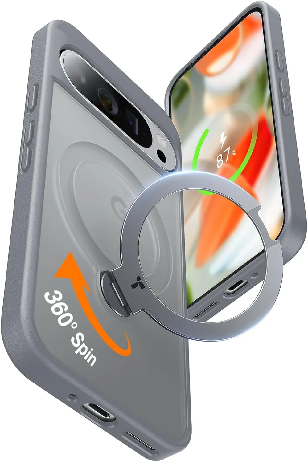 TORRAS 360° Spin Magnetic Stand for Google Pixel 9 Pro XL Case, 12FT Military Grade Protection, Compatible with Magsafe, Shockproof Slim Pixel 9 Pro XL Phone Case with Kickstand & Ring Holder, Gray