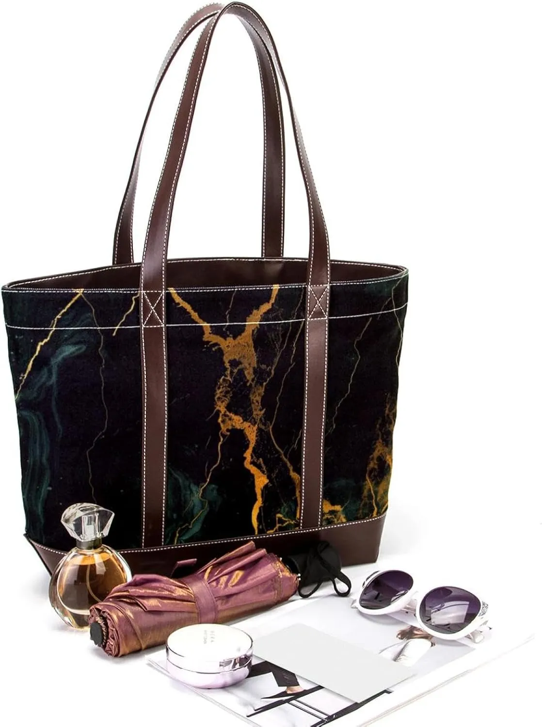 Tote Bag, Large Tote Bag, Tote Bag with Zipper, Modern Minimalist Black Gold Marble Pattern, Tote Bags Women