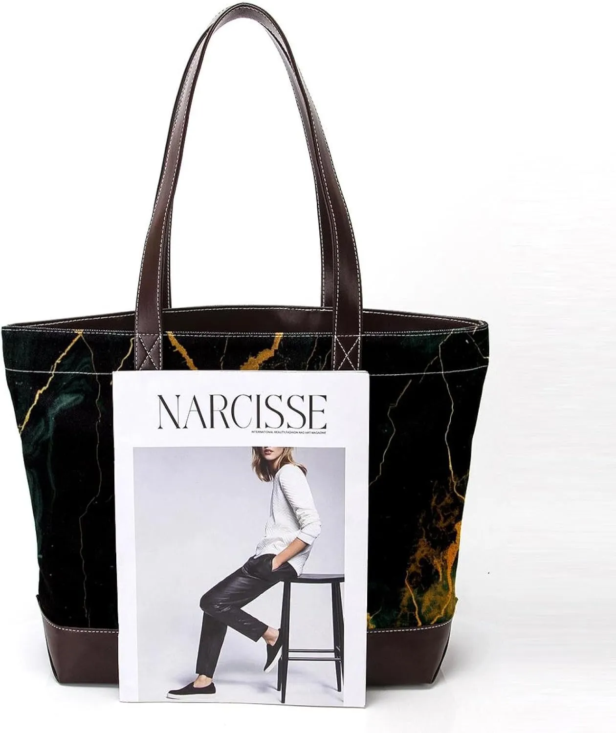 Tote Bag, Large Tote Bag, Tote Bag with Zipper, Modern Minimalist Black Gold Marble Pattern, Tote Bags Women
