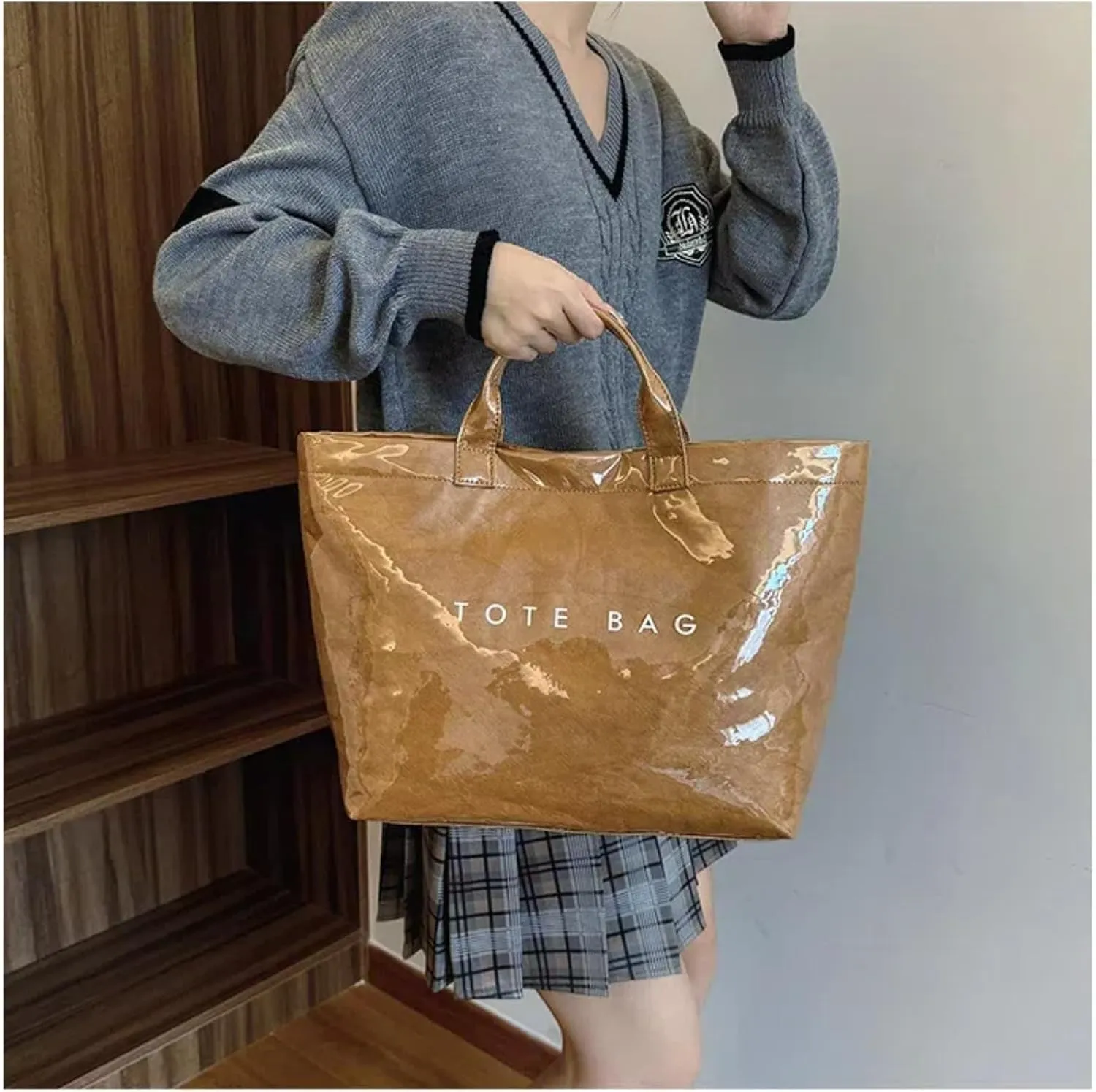 Tote Bag Women's Letters Print Tote Bag Large Kraft Paper PVC Tote Bag Carry Bag Top Handle Hobo Handbag Trendy Shopping Bag