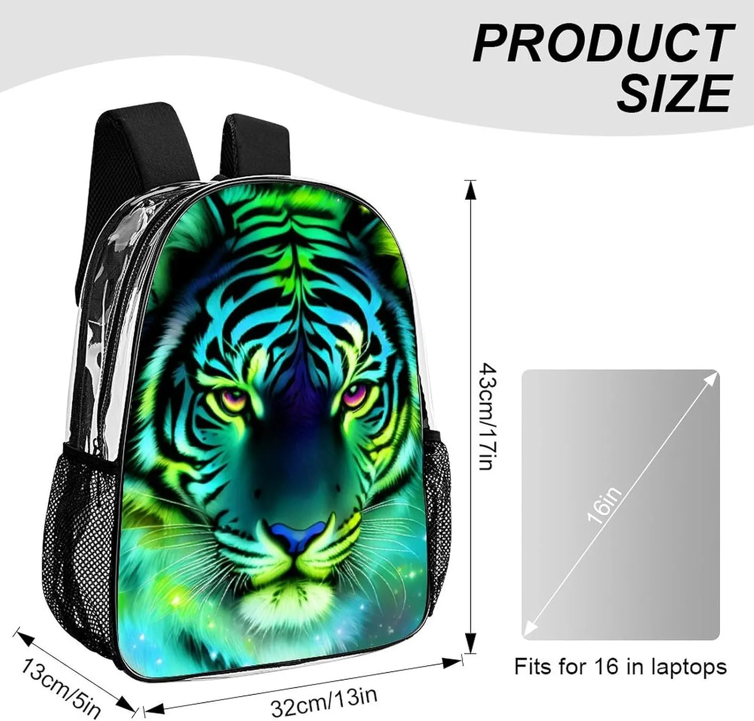 Transparent Daypack Backpack for Climbing Outdoors Running - Big Capacity Multipurpose Anti-Theft Bookbag, Mystic Fantasy Galaxy Sky Tiger Wild Animals Boho Style Travel Hiking & Camping Rucksack