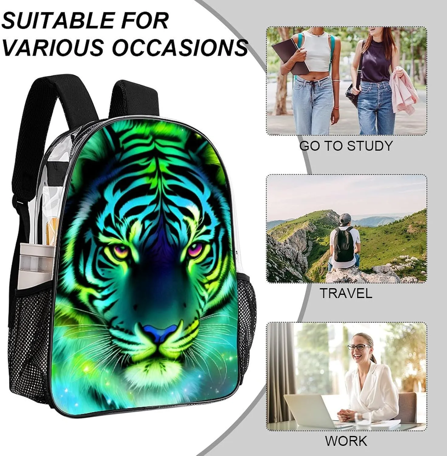 Transparent Daypack Backpack for Climbing Outdoors Running - Big Capacity Multipurpose Anti-Theft Bookbag, Mystic Fantasy Galaxy Sky Tiger Wild Animals Boho Style Travel Hiking & Camping Rucksack