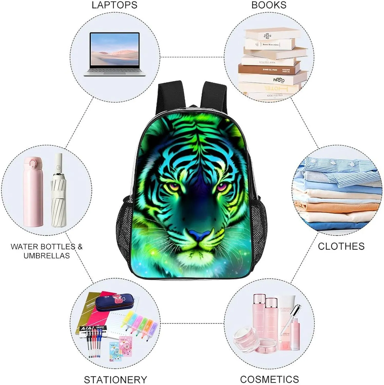 Transparent Daypack Backpack for Climbing Outdoors Running - Big Capacity Multipurpose Anti-Theft Bookbag, Mystic Fantasy Galaxy Sky Tiger Wild Animals Boho Style Travel Hiking & Camping Rucksack