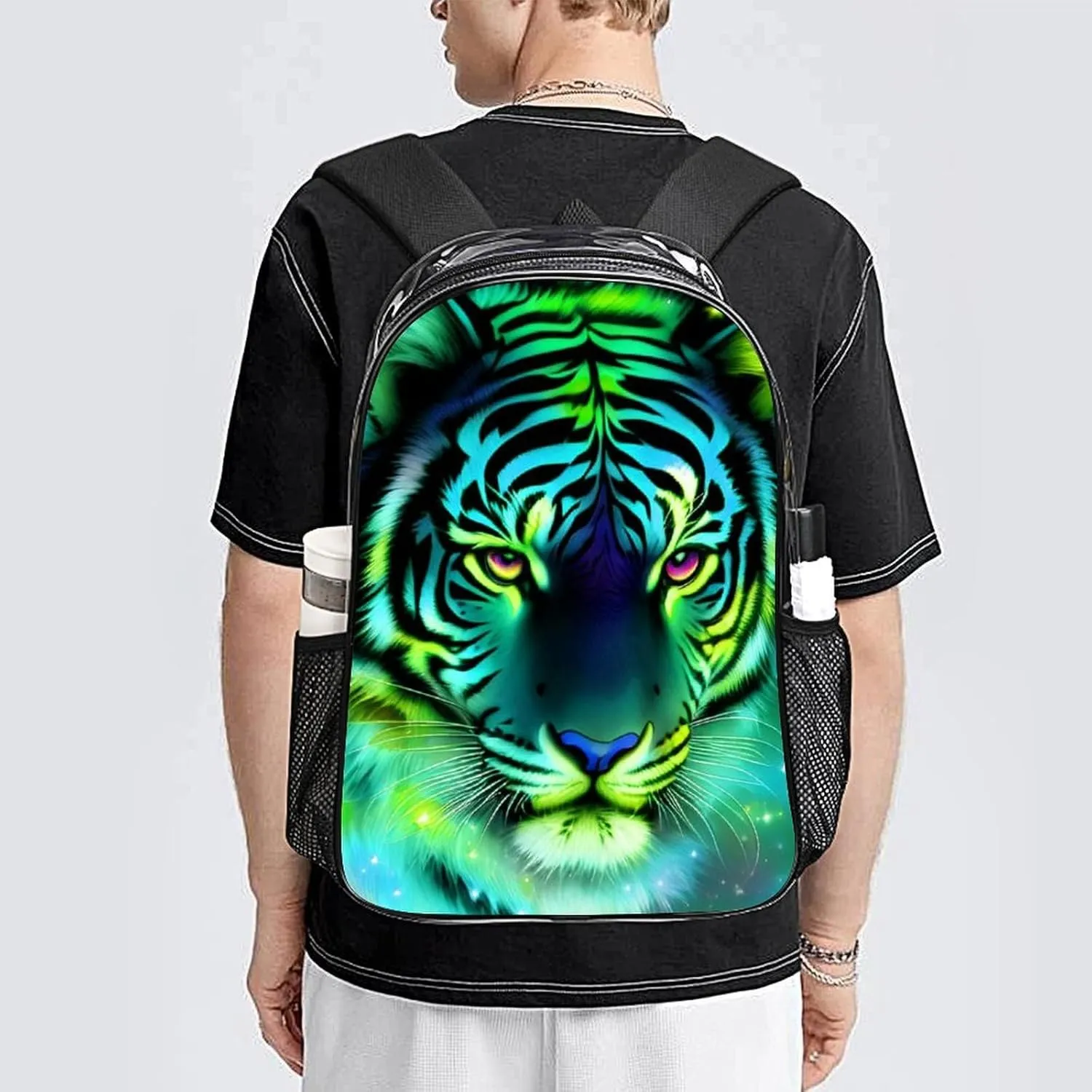 Transparent Daypack Backpack for Climbing Outdoors Running - Big Capacity Multipurpose Anti-Theft Bookbag, Mystic Fantasy Galaxy Sky Tiger Wild Animals Boho Style Travel Hiking & Camping Rucksack