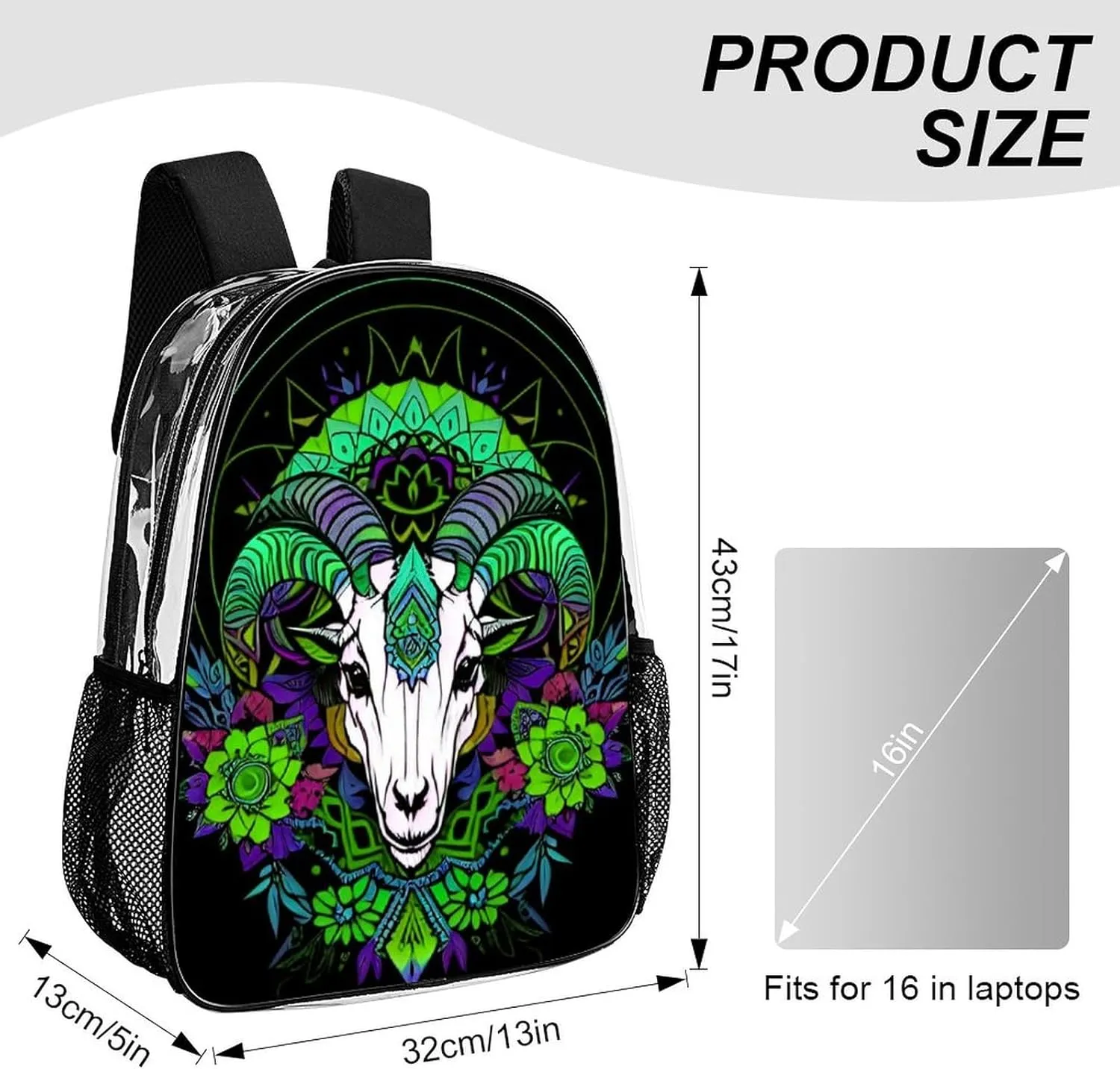 Transparent Daypack Backpack for Climbing Outdoors Running - Big Capacity Multipurpose Anti-Theft Bookbag, Psychedelic Goat Skull Art Travel Hiking & Camping Rucksack