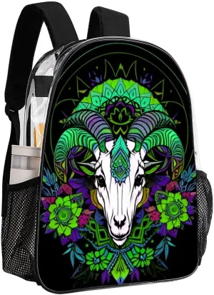 Transparent Daypack Backpack for Climbing Outdoors Running - Big Capacity Multipurpose Anti-Theft Bookbag, Psychedelic Goat Skull Art Travel Hiking & Camping Rucksack